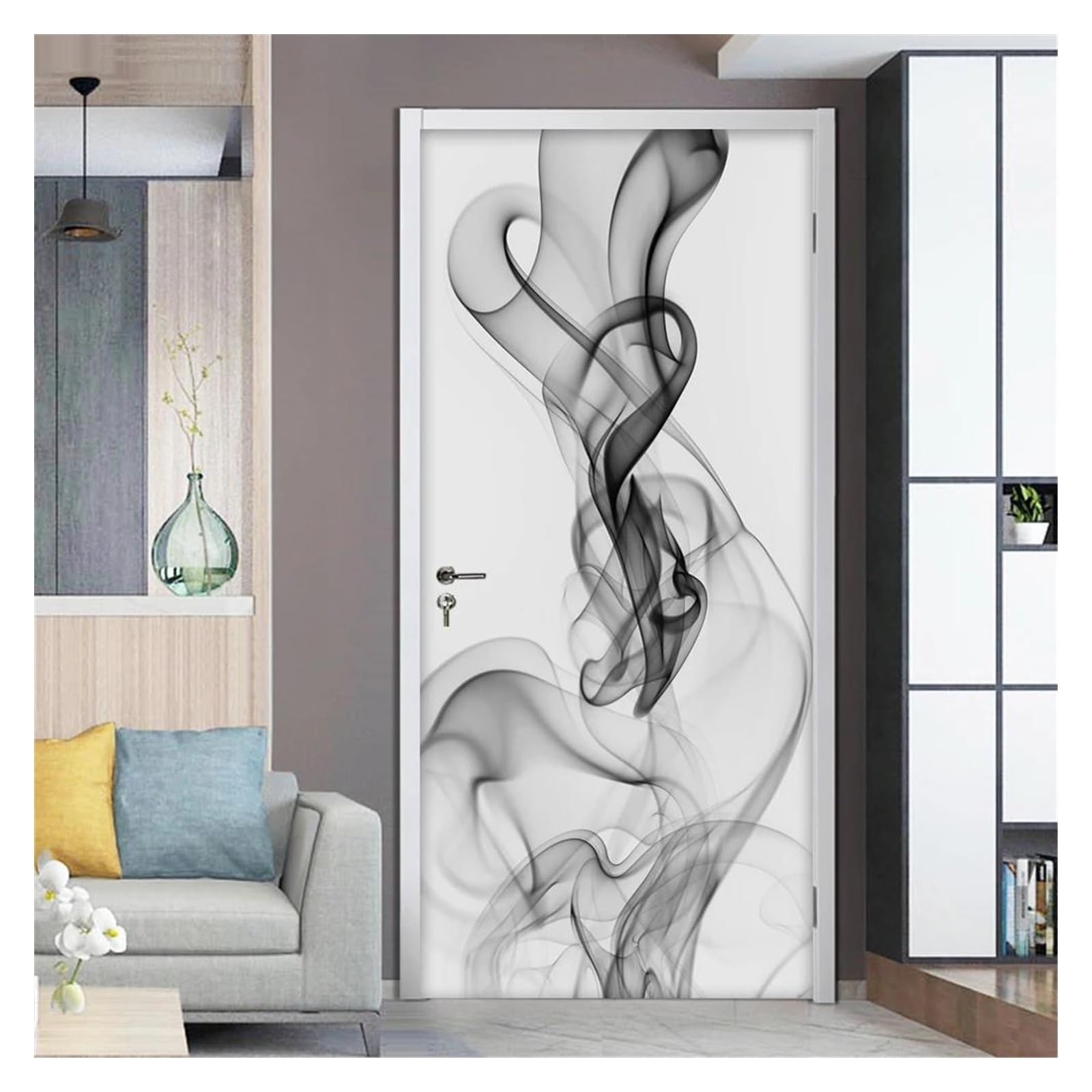 Stickers déco salon pour cacher une porte abîmée avec un effet 3D en PVC