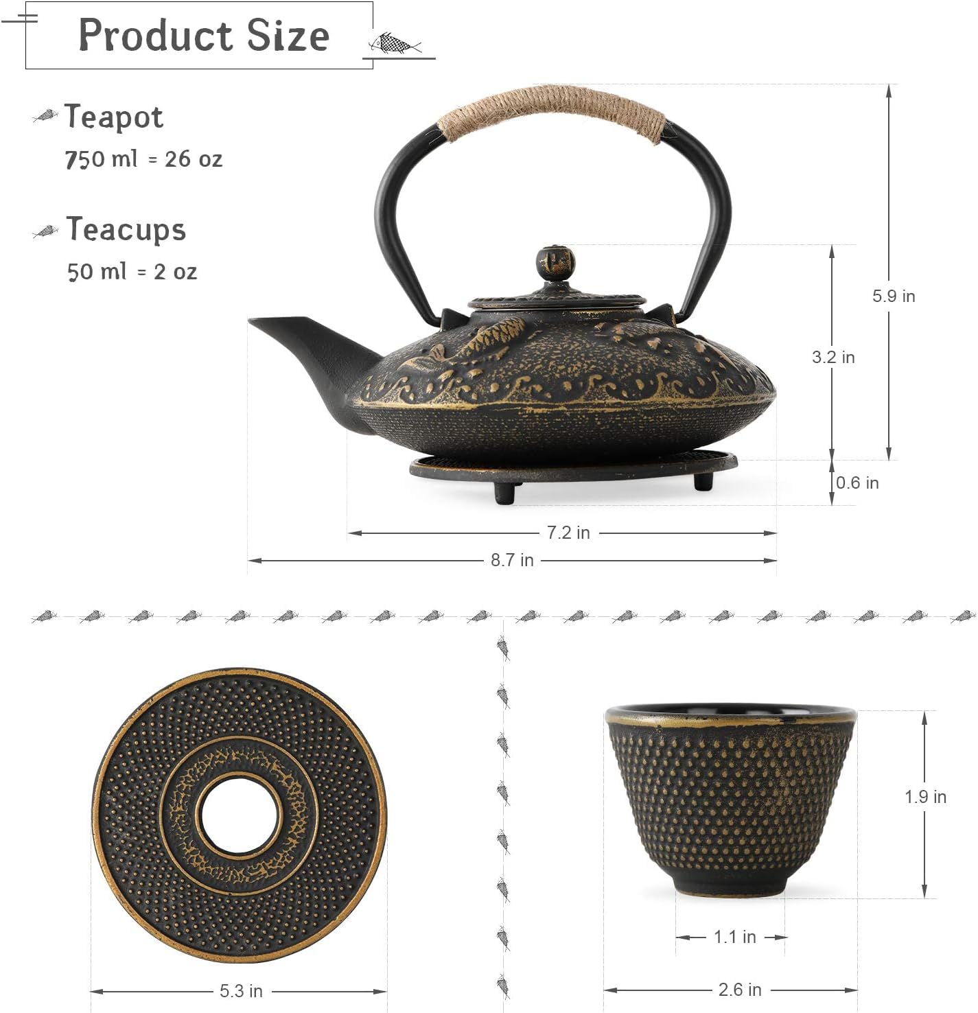 Glaceon Japanese Style Cast Iron Teapot with 4 Tea Cups Trivet Tetsubin Stovetop,Cast Iron Teapot Stove Kettle Safe Coated with Enamelled, Tea Kettle with Infuser Chinese Iron Tea Pot Tea Set (GL-03) 1