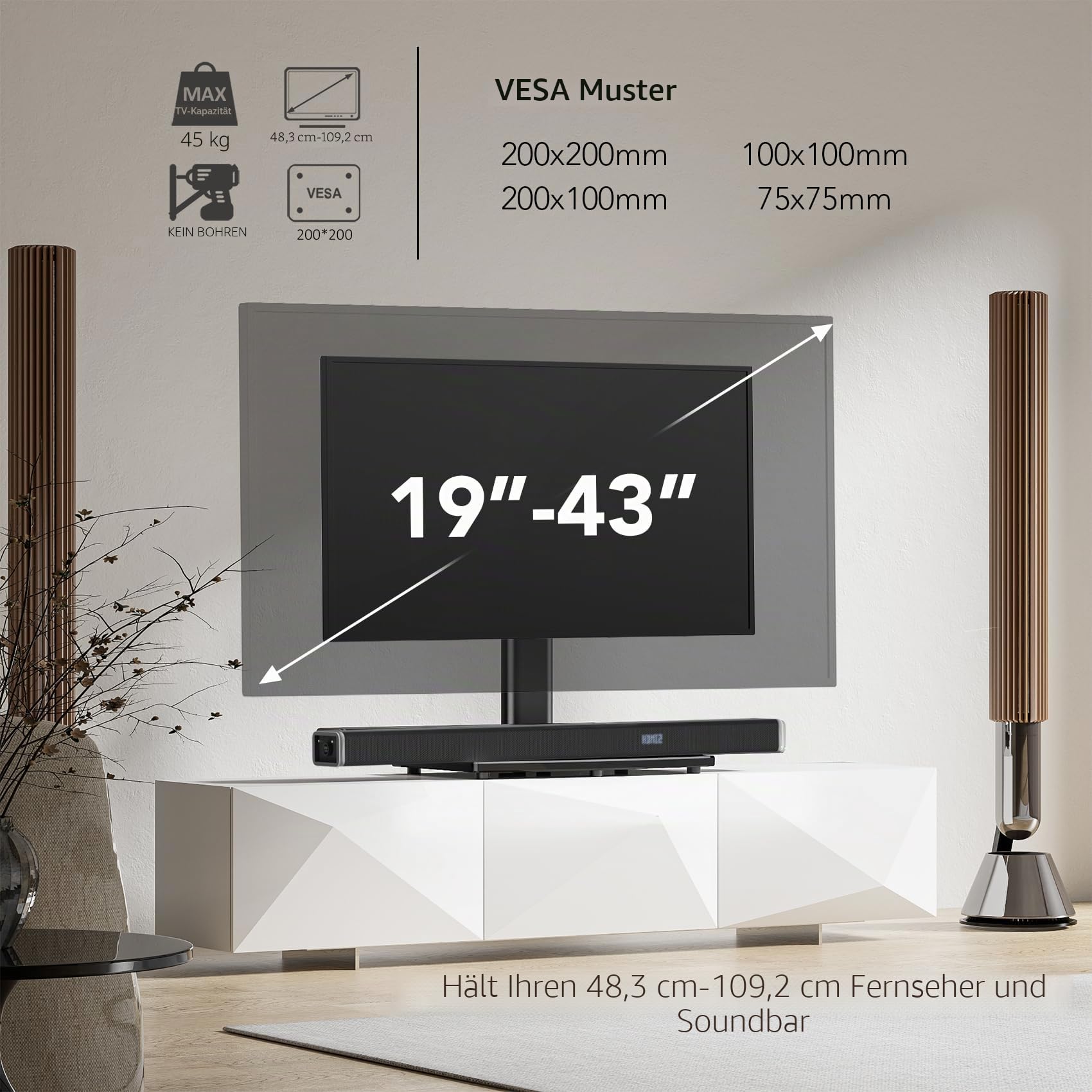TV Standfuß Universal Höhenverstellbar Ständer für 19-43 Zoll TV Fernsehtisch Halterung Fernsehständer LCD LED Flachbildfernseher Stand Aufsatz VESA 200x200 Tischständer/Schwarz, hält bis zu 45kgs