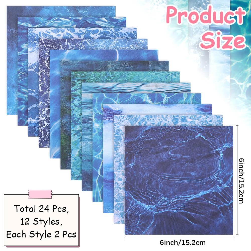 CRASPIRE 24Pcs 12 Style Water Texture Background Scrapbook Paper Pad 15x15cm Cadet Blue Sea Ocean Patterned Greeting Cardstock Decorative Sheets for Album Scrapbooking Journal Cards DIY Making Decor - Image 2