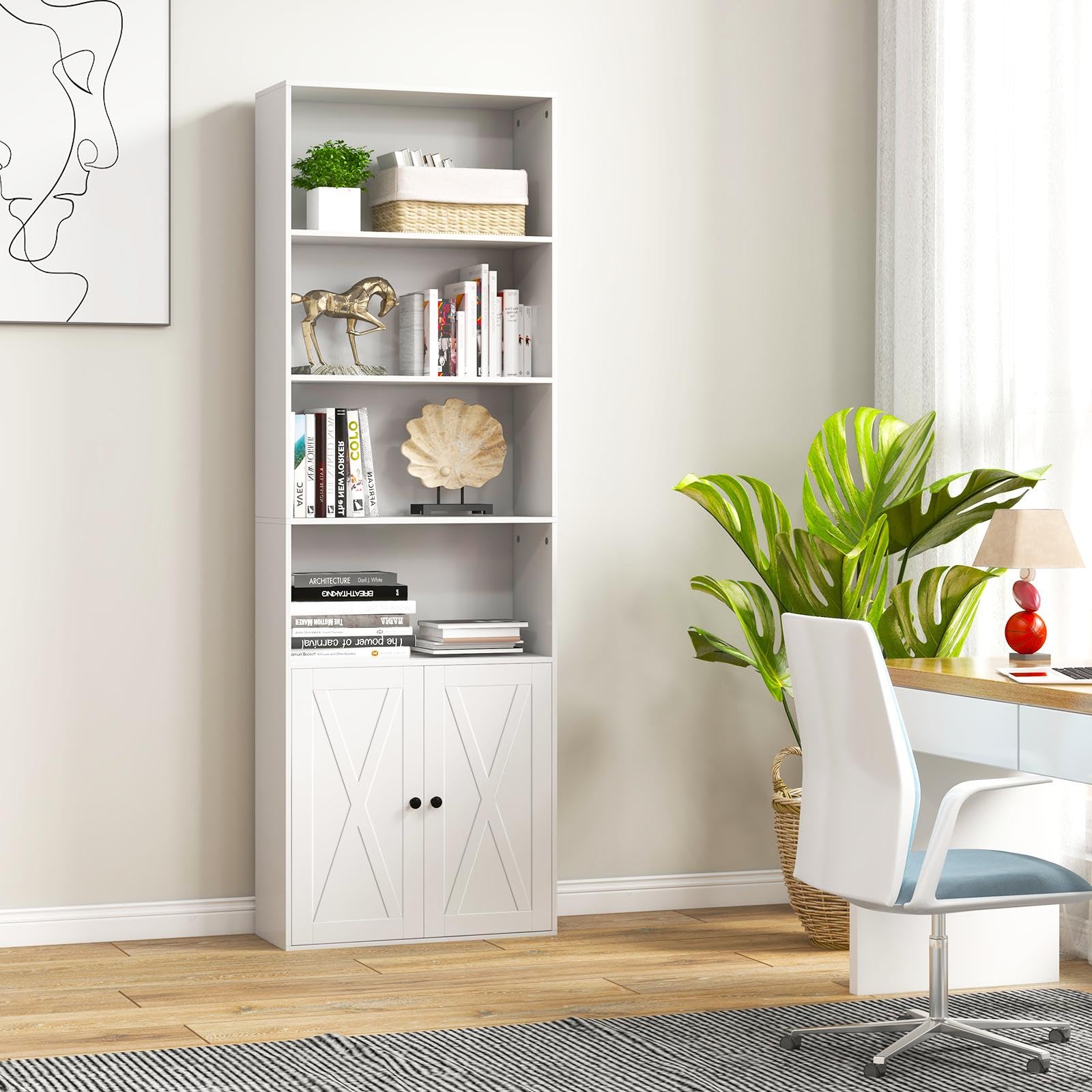 KOMFOTTEU Libreria Chiusa in Legno con Armadio a Ante, 6 Ripiani Aperti, Librerie Moderne con Ripiano Rimovibile, Libreria Scaffale, 60 x 24 x 180 cm, Bianco