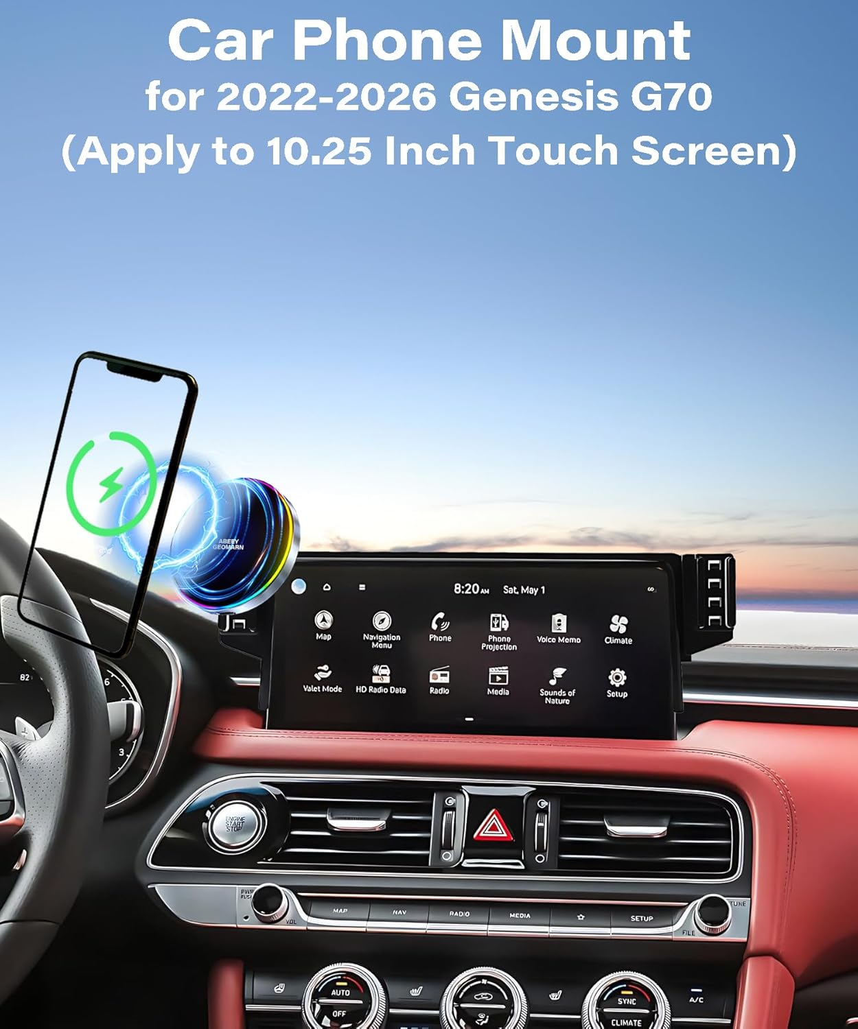 Car Phone Holder for 2022 2023 2024 2025 2026 Genesis G70 Accessories 15W Fast Wireless Charger Screen Fixed Clip HandsFree Cell Phone Mount 360° Rotation (10.25 Inch)