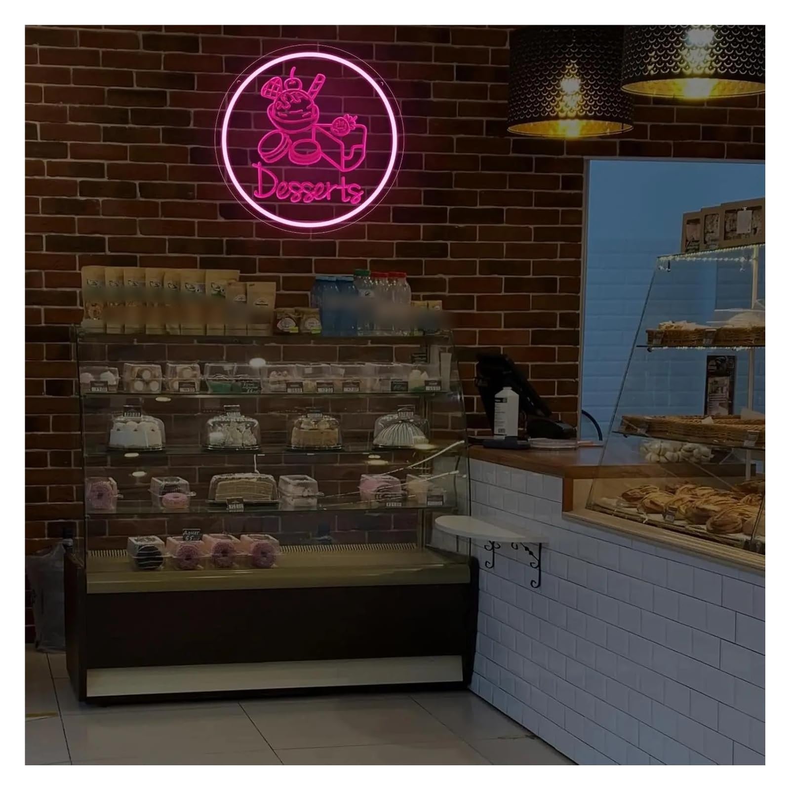 Decoración de Fiesta con Letrero de neón Letrero De Neón Desserts con Helado, Pastel, Grabado 3D, Luz USB, Decoración De Pared Iluminada para Panadería Cafetería Tienda De Postres 36cmx36cm