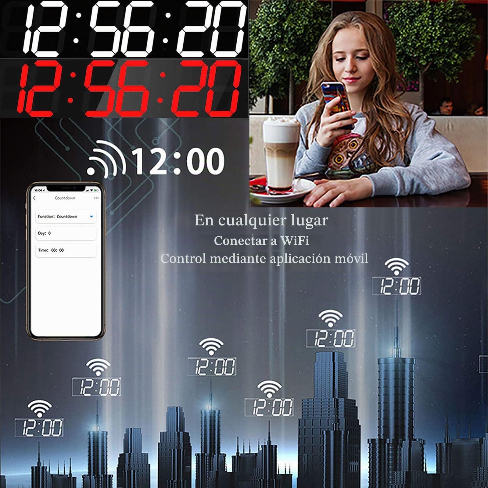 Reloj de pared digital LED - control de WiFi a través de Internet, cronómetro integrado, cuenta atrás, alarmas, temperatura, memoria de apagado, para oficina en casa, cocina, gimnasio ( Color : Red )