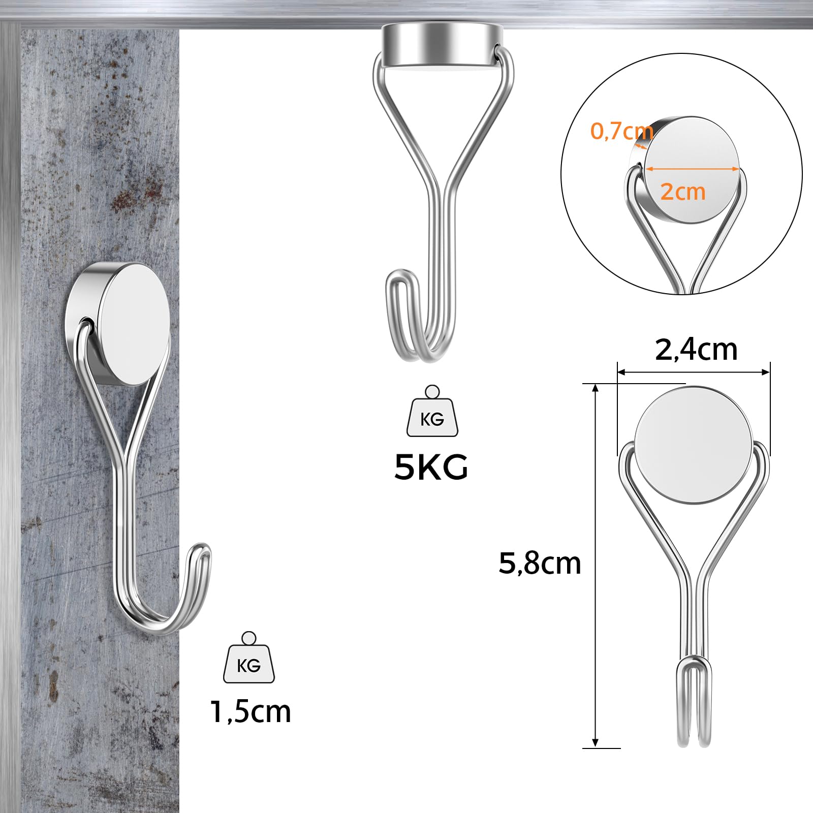 MOGADEE® Ganci magnetici, 6 pezzi ganci magnetici argento extra forti per cucina, gadget, camera da letto, armadietti, ufficio, frigorifero, appendere luci decorative, barbecue, attrezzi da giardino –