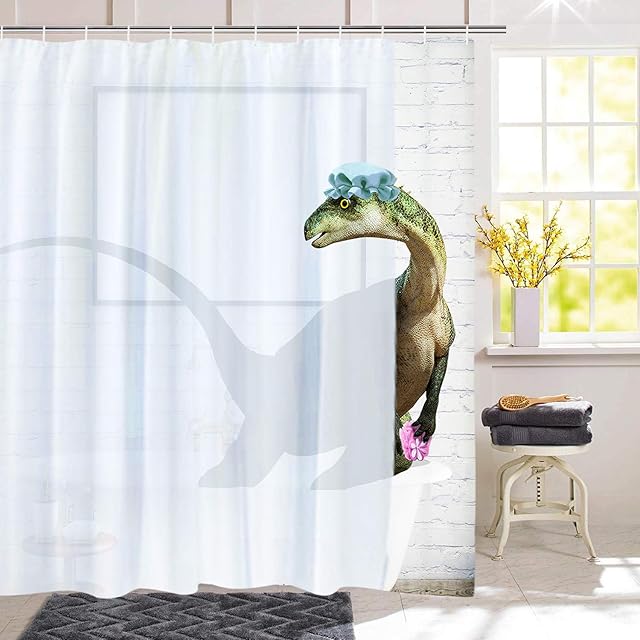 Alishomtll Dinosaur Shower Curtain 3D Animal Bathroom Curtains Funny Shower Curtain for Bathroom White Fabric Bathing Curtain Waterproof Mildew Resistant With 12 Hooks 69 X70 inches (175 X178cm)