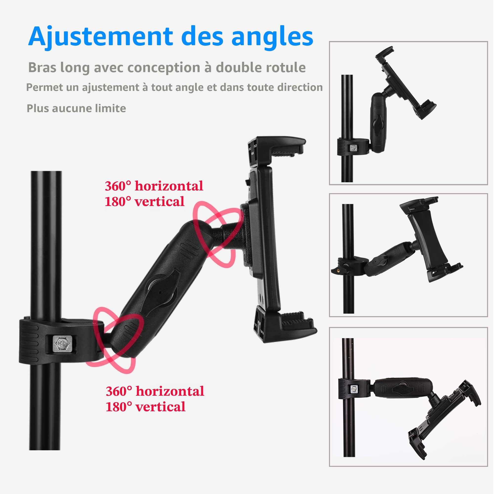 Support de Tablette pour Tapis de Course Support de Guidon vélo Stationnaire elliptique Poussette Peloton pour appareils 4 à 13 Pouces, iPad Pro 12.9, Air, Mini, Galaxy Tabs, iPhone