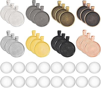 80PCS 25mm Round Blank Tray Sets, Clear Glass Cabochons Domes, 8 Colors, Bezel Trays for Jewelry Making, Resin Photo Pendants 0.98inch