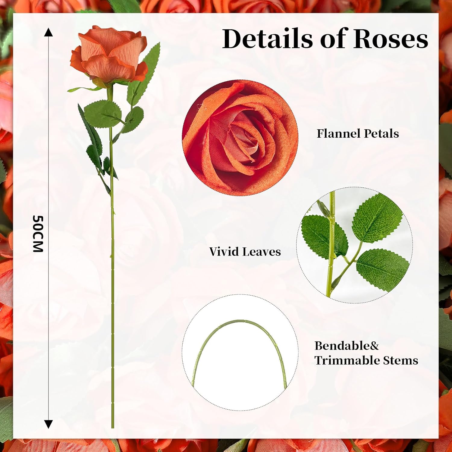 10 PCS Artificial Roses with Long Stems Silk Flowers Realistic Foam Flowers Fake Roses for Valentine's Day Autumn Fall Decor Halloween(Orange) - Image 3