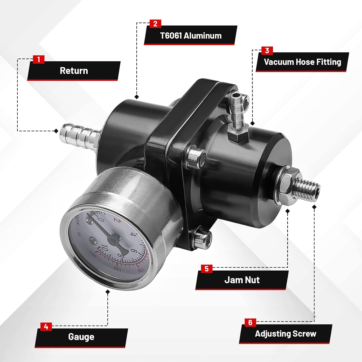 EFI Fuel Pressure Regulator Kit with Bypass Return 0-140psi Pressure Gauge AN6-6AN Fuel Line Hose Fitting Connectors Kit Adjustable Universal Aluminum (Black)