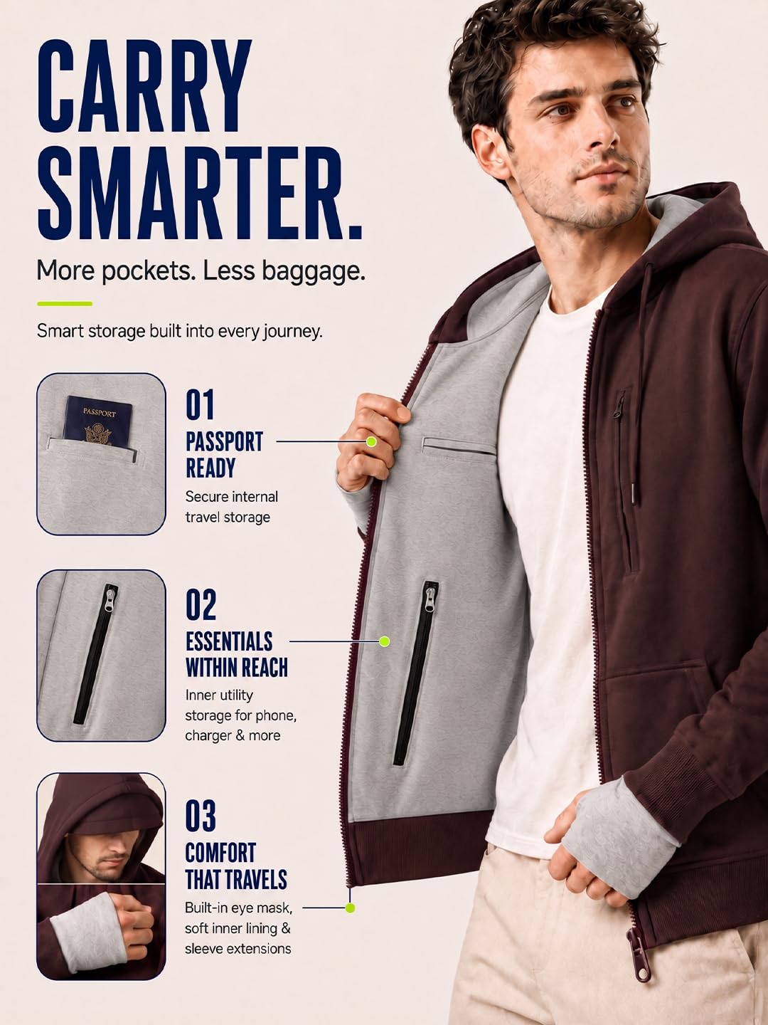 NOBERO Sudadera con capucha de algodón para hombre