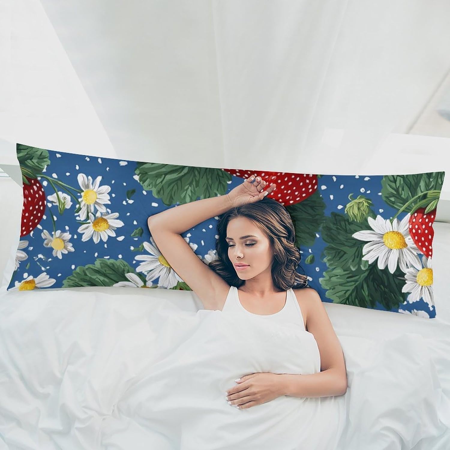 Strawberry Daisy Leaves Dots Body Pillow Cover Long Cushion 18.9x53.1 Inch