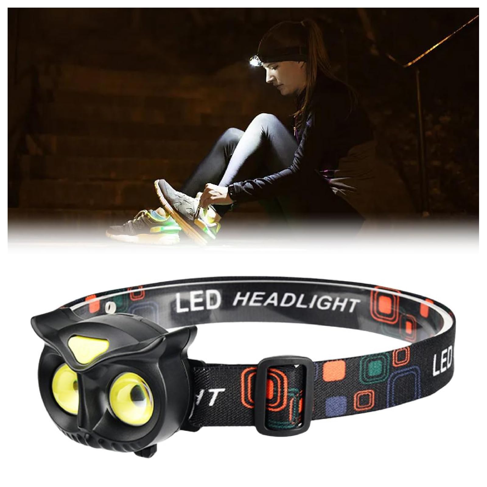 Owl Rechargeable Led Headlamp，Camping & Hiking Gear Essentials Super Bright Head Lamp Multiple Light Modes USB Cable Included Fishing Running Outdoors