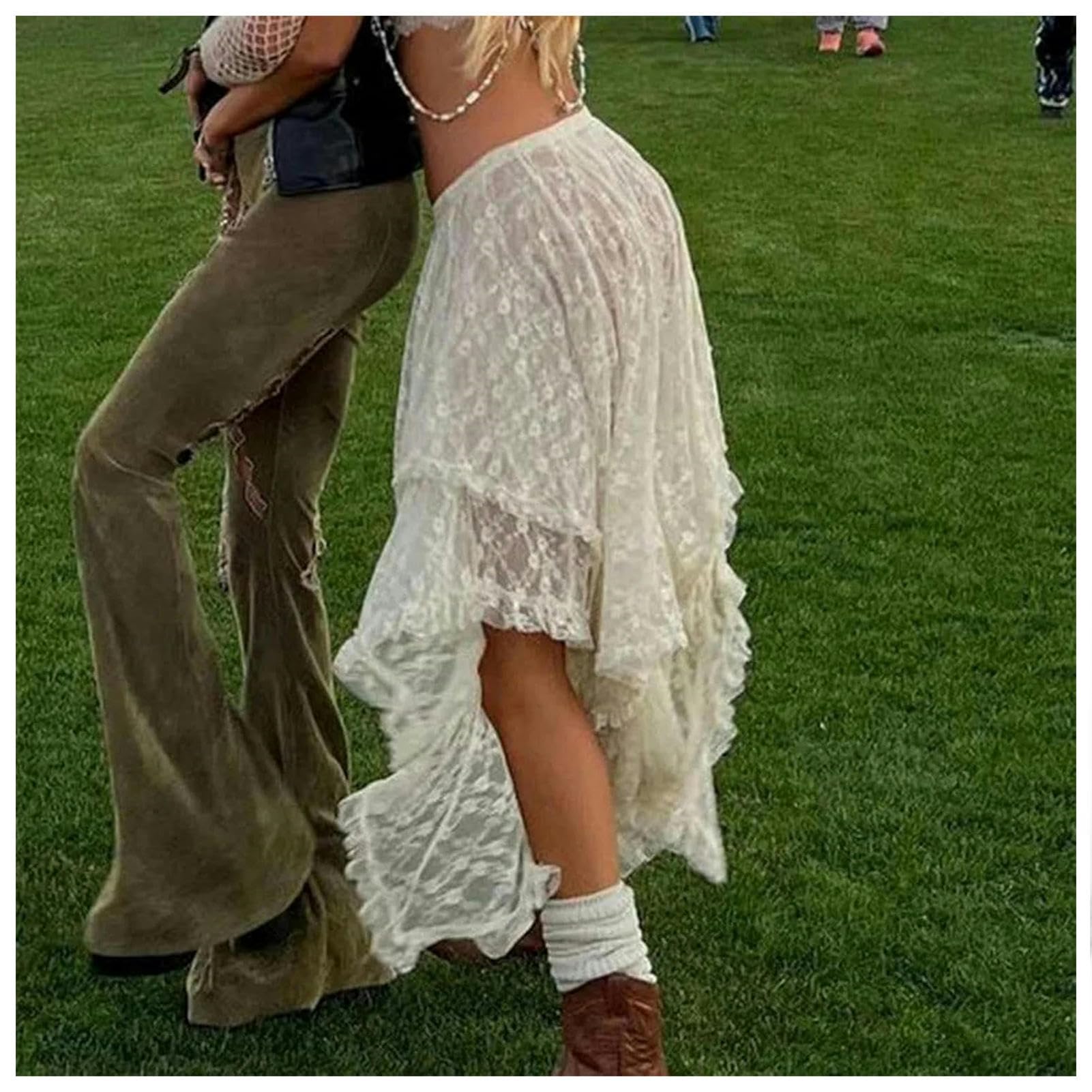Falda Larga Beige Boho De Encaje Asimétrico Midi Falda Femenina De La Cintura Baja De La Cintura A La Línea De Verano De Verano-White-s