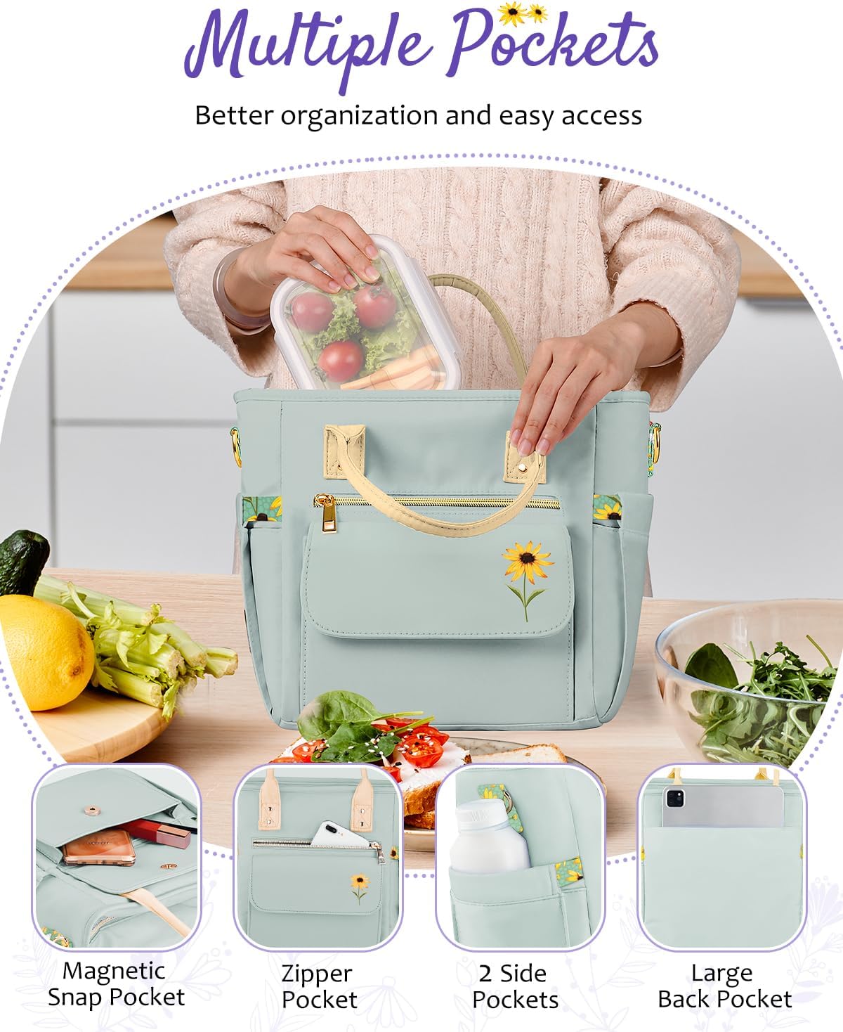 GLORIEROO Deluxe Insulated Lunch Box Bag Women - Leakproof Waterproof Cooler with Multi Pockets Removable Strap for Work Picnic - Teacher Mothers Day Christmas Birthday Gifts