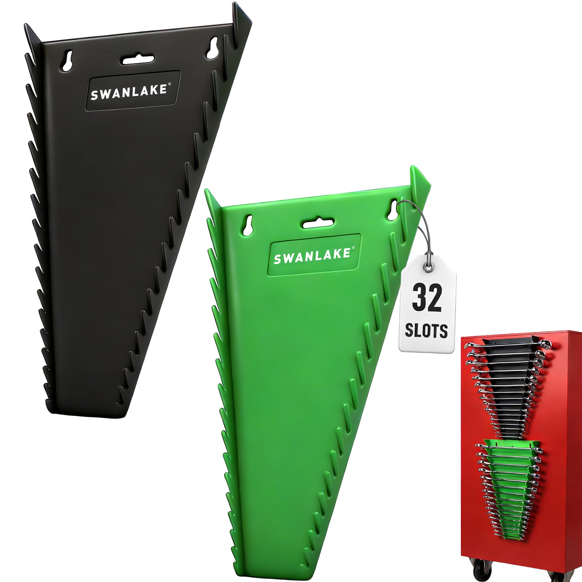SWANLAKE GARDEN TOOLS Magnetic Wrench Organizer 2-Piece, 32-Slot Drawer Storage, SAE (1/4" to 1-1/16"), Metric (6mm to 24mm), Green and Black