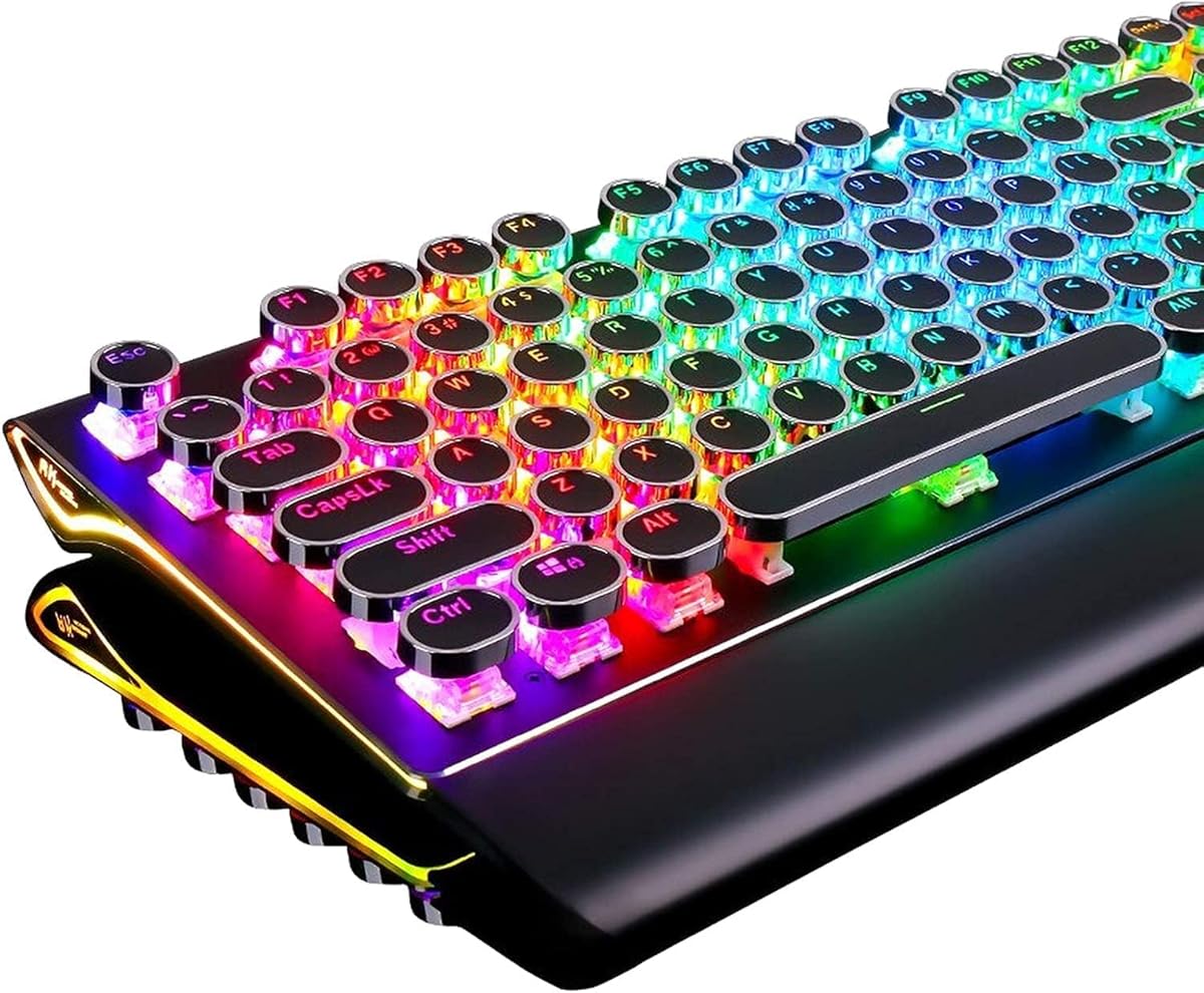 RK ROYAL KLUDGE S108 Typewriter Keyboard, Retro Mechanical Gaming Keyboard Wired 108 Keys with RGB Backlit Sidelight, Detachable Wrist Rest, Round Keycaps Blue Switches - Black : Video Games