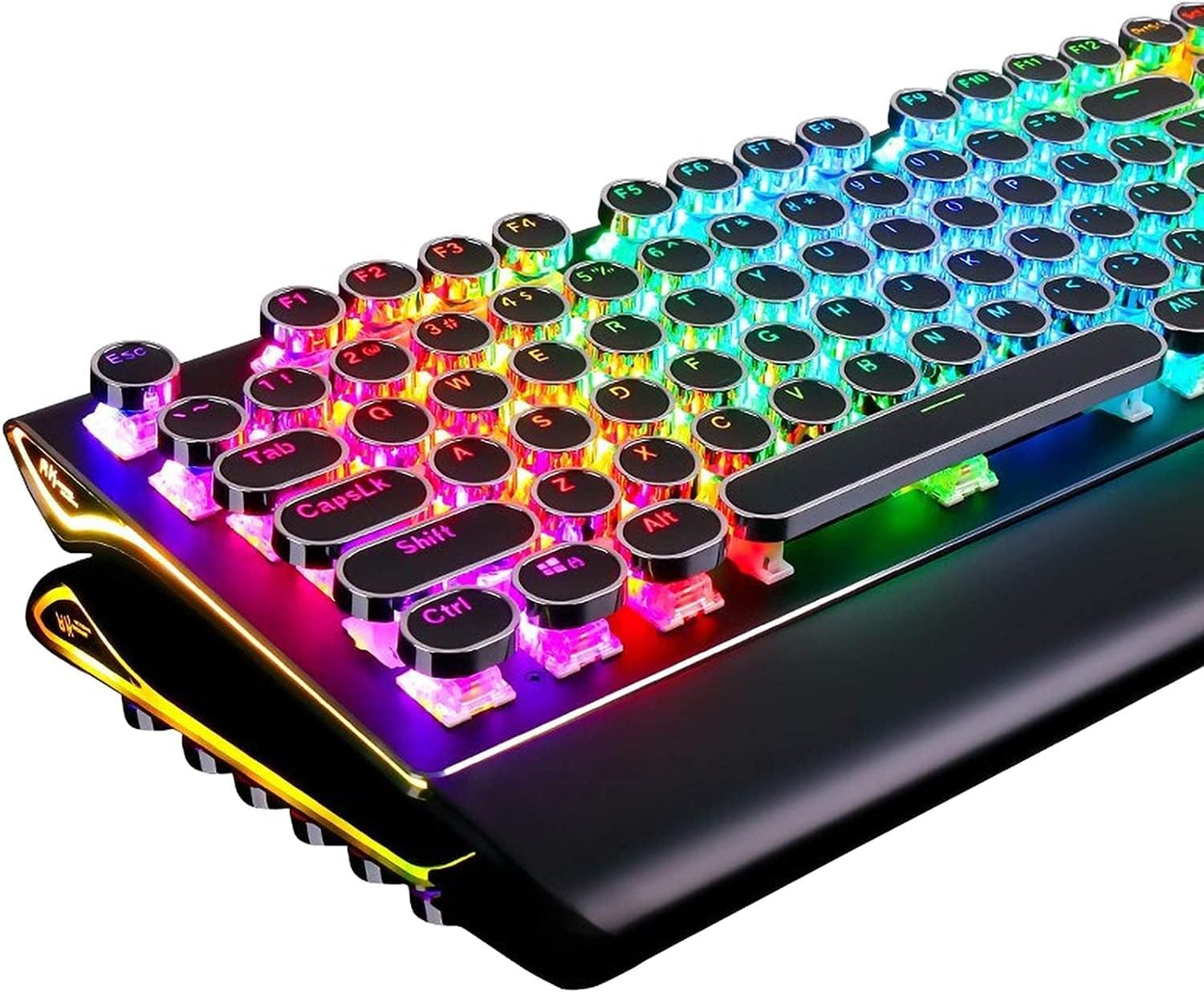 DoubleW Typewriter Style Mechanical Gaming Keyboard with True RGB Backlit, Detachable Wrist Rest, 108-Key Anti-Ghosting Blue Switch Retro Steampunk Vintage Round Keycaps, Black