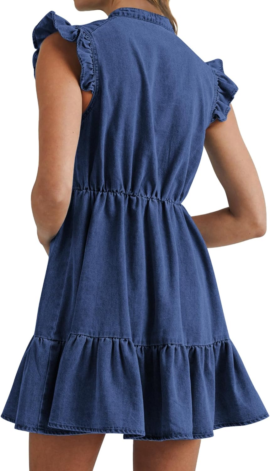Denim Dress for Women Ruffle Short Sleeve V Neck Jean Mini Dress with Pockets - Image 2