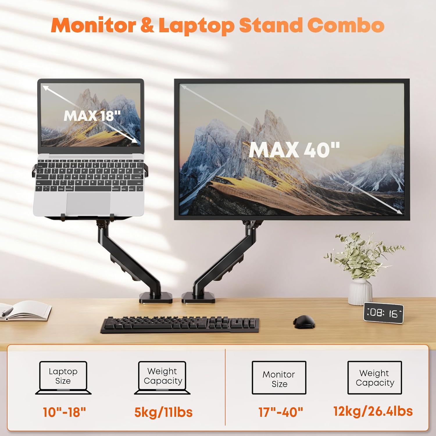 PUTORSEN Laptop Arm Mount Desk - Fits Max 18" Notebook and 40" Computer Screen, 2-in-1 Monitor Mount with Adjustable Laptop Tray, Hold Up to 26.5lbs