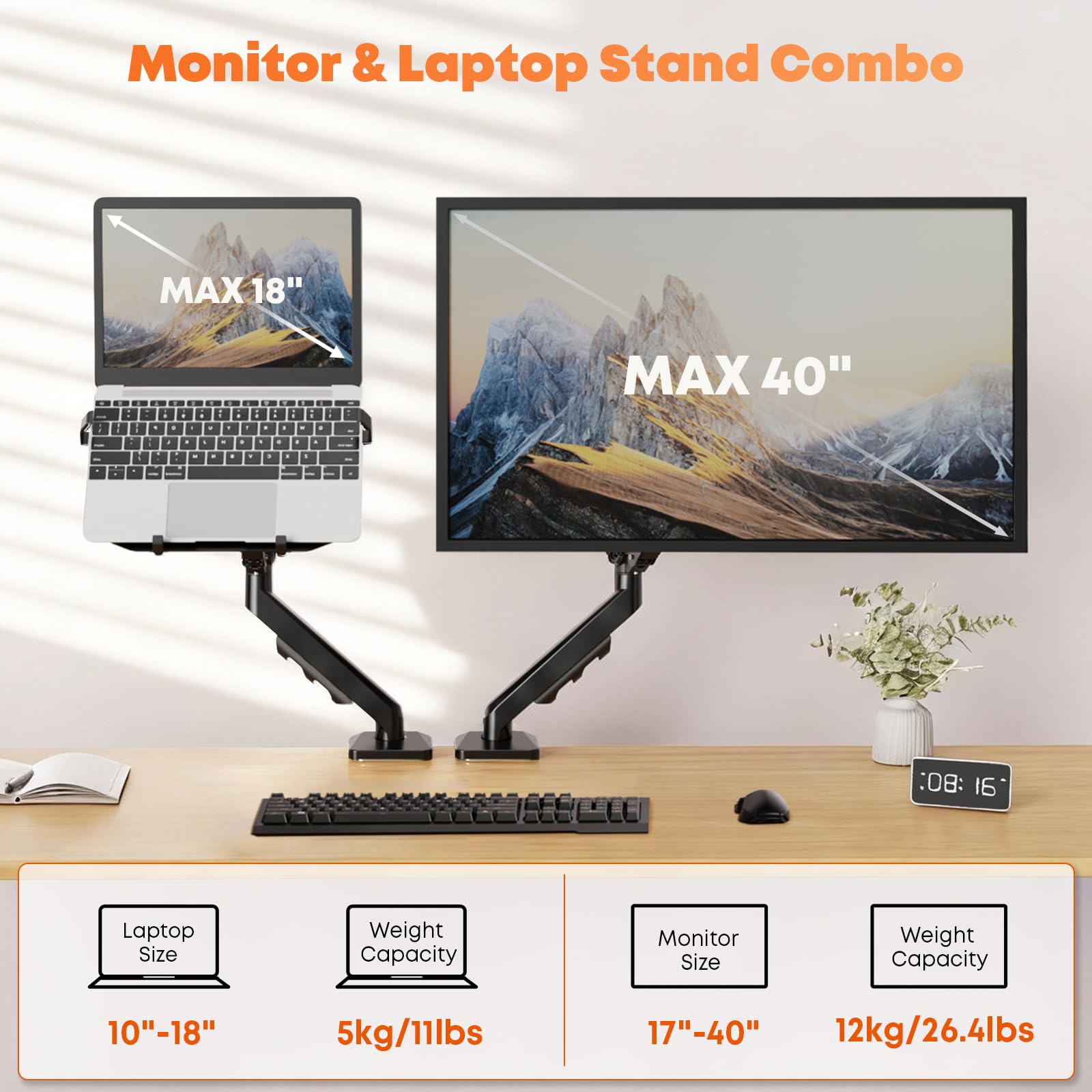 PUTORSEN Uchwyt na biurko do laptopa - pasuje do maksymalnie 18-calowego notebooka i 40-calowego ekranu komputera, uchwyt na monitor 2w1 z regulowanym tacą na laptopa, uchwyt do 26,5 kg