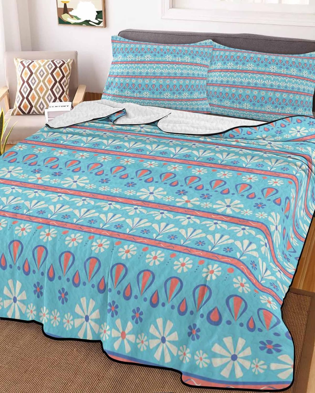 King Size Quilt Set, Boho Ethnic Style Lightweight Bedspread Coverlet Set Soft Microfiber Summer Quilt with 2 Pillow Shams, White Blue Pink Flower Line 3 Piece Comforter Bedding Set