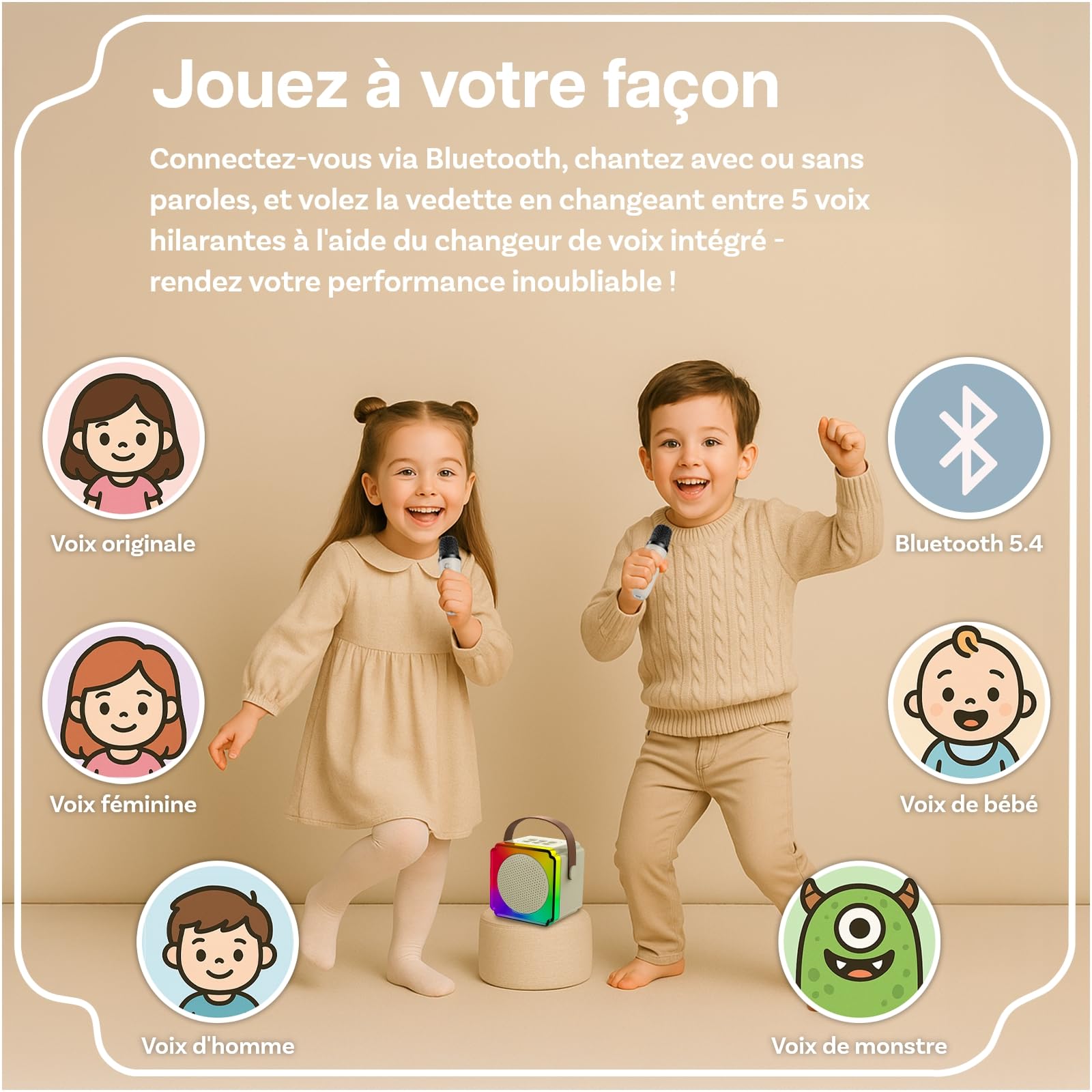 Machine à Karaoké avec 2 Microphone sans Fil pour Enfants par MMOBIEL – Enceinte Bluetooth Portable, 2 Microphone, Effets de Voix, Lumière LED – Micro Karaoke, Cadeau Fille, Garcon, Enfants 3+, Beige