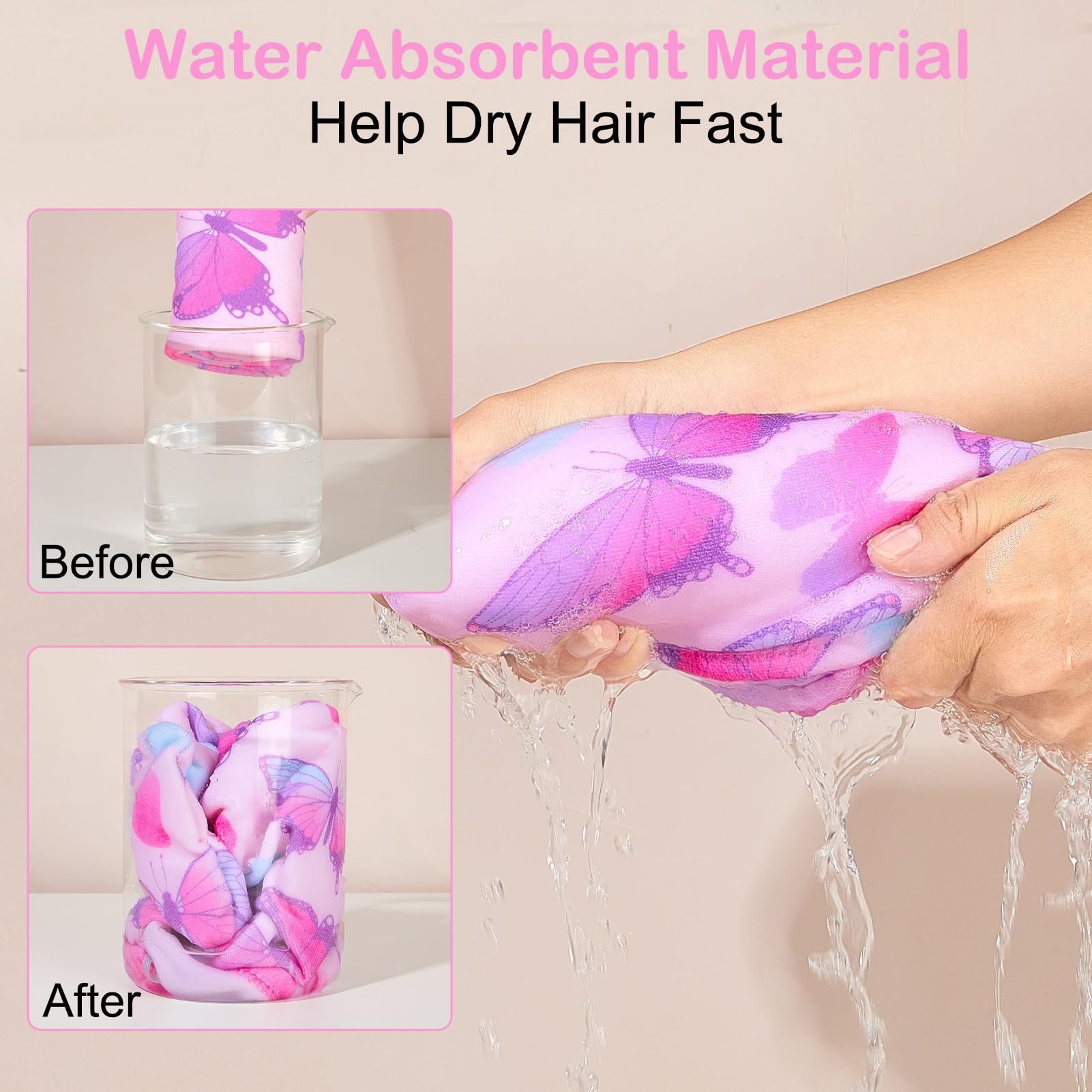 Basumee Microfiber Hair Towel Wrap for Kids 2 Pack - Rapid Drying Turbans With Button for Wet Hair - Head Towel Wrap for Women and Girls, Blue Pink Butterfly