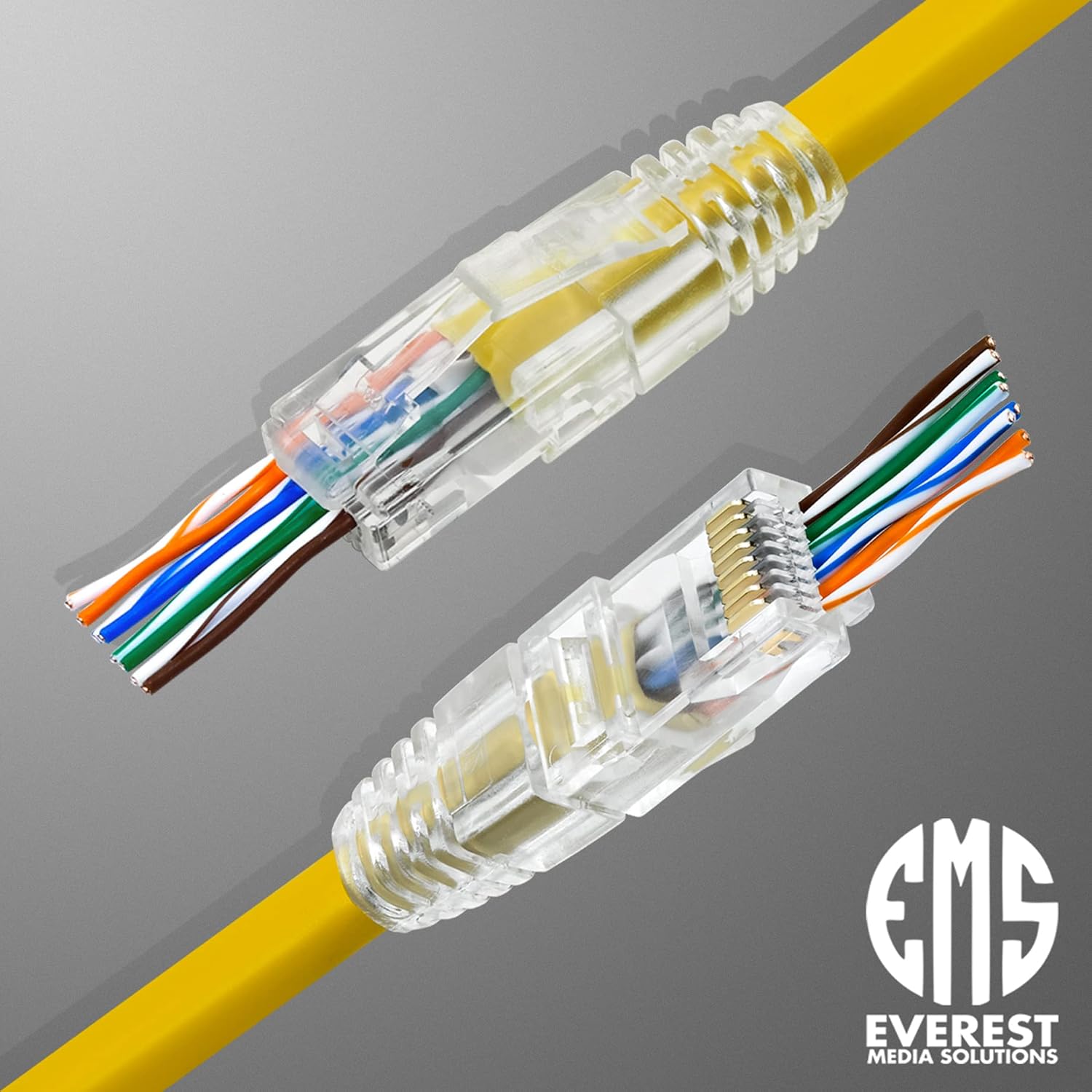 Everest Media Solutions RJ45 Cat5e Pass Through Connectors and Strain Relief Boots - Pack of 100/100 | EZ to Crimp Modular Plug for Solid or Stranded UTP Network Cable