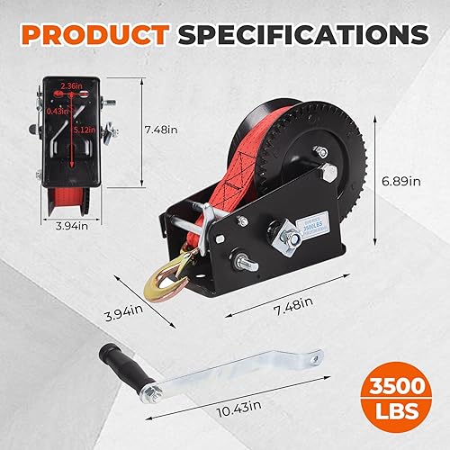 Miniatura 2 de Doppy Cabrestante de remolque de barco de 3500 libras, cabrestante manual gancho resistente con correa roja de 32 pies, relación de engranaje 4 18