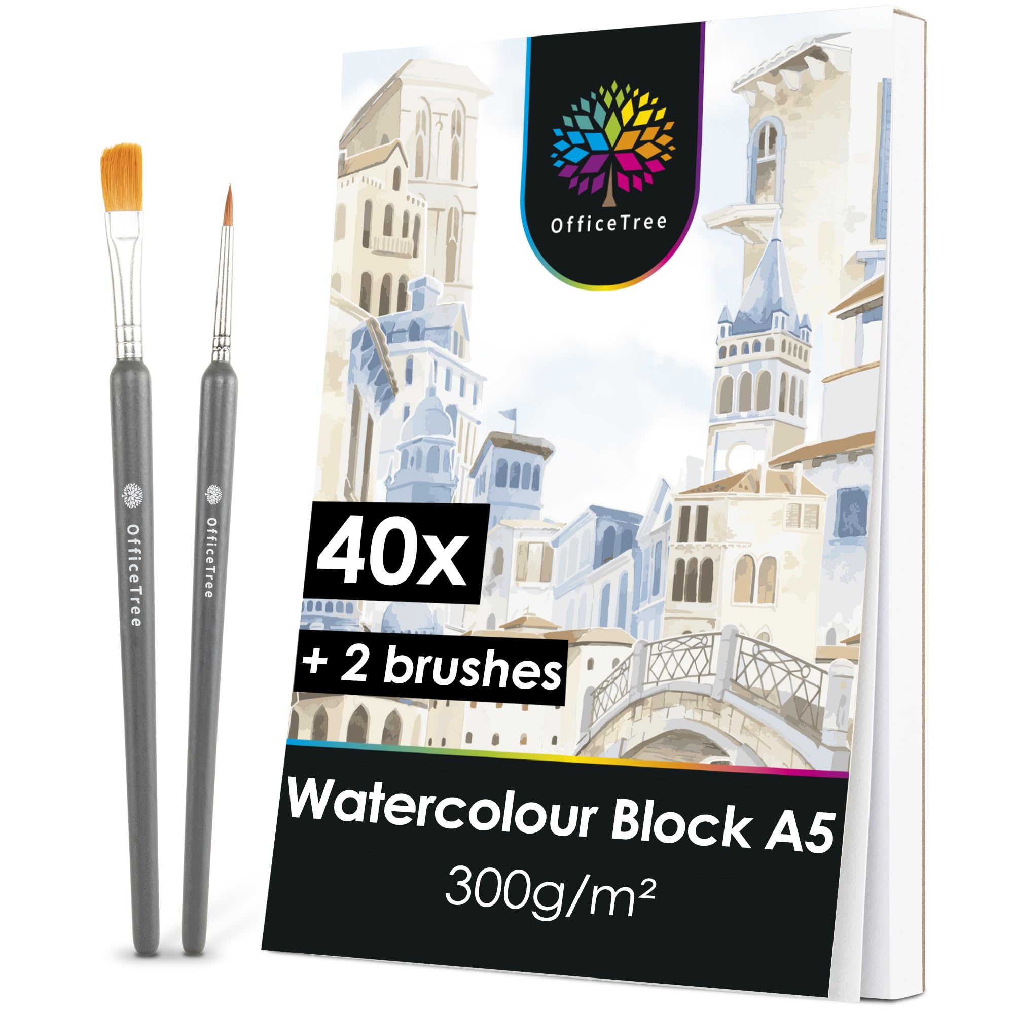 OfficeTree 40x Watercolour Paper A5 300gsm - Watercolour Pad A5 with 2X Brushes - Painting Paper - Paper for Watercolour Painting - Watercolour Sketchbook A5 - Watercolour Paper Pad A5