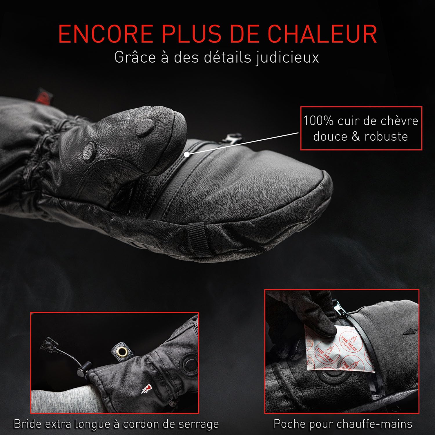 THE HEAT COMPANY Shell Full Leather Moufles - L'innovation des Gants - Gants Cuir dépliables - Gants Hiver Extra Chauds - Gants tactiles - Gants de Ski pour Homme & Femme - sans sous-Gant