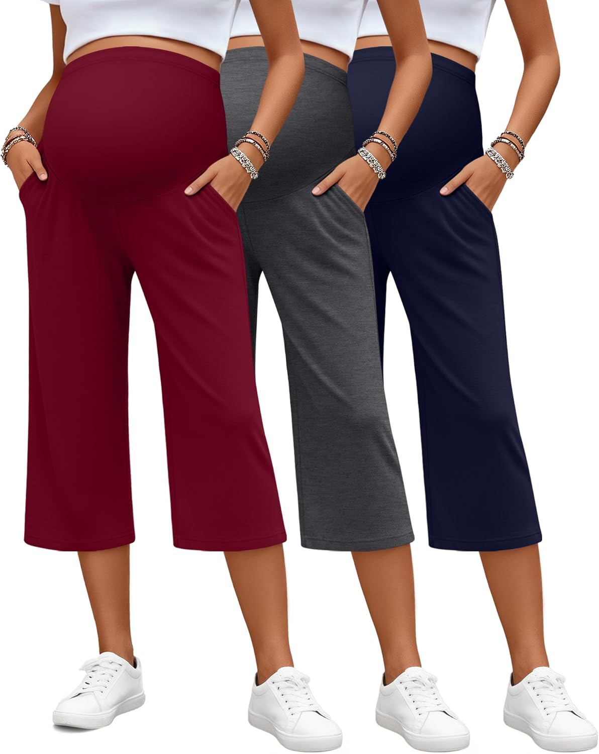3 Pack Women's Maternity Capris, Over The Belly Pregnancy Cropped Pants High Waisted Adjustable with Pocket