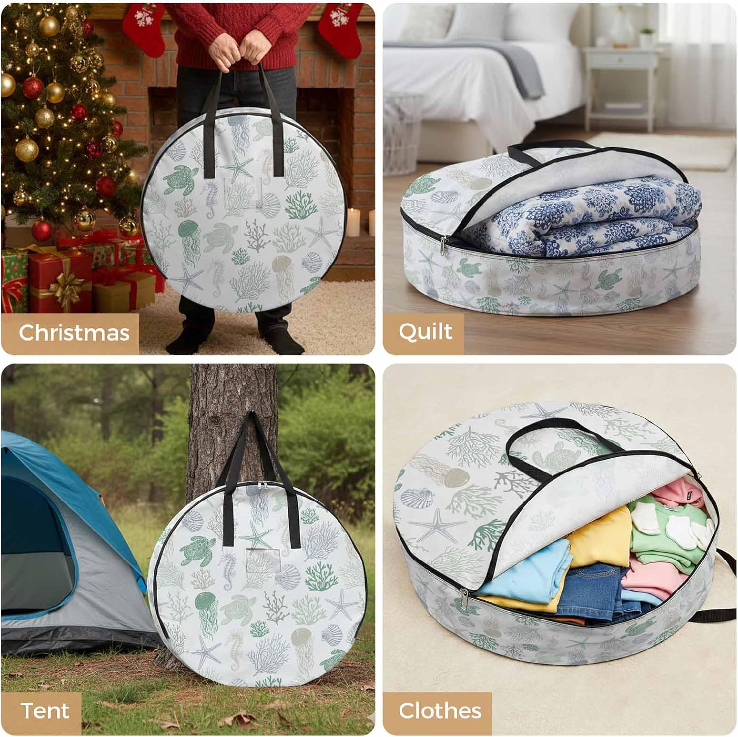 Summer Sea Turtle Seashells Round Storage Bag 36 Inch, Coral Ocean Creature Green Gradient Clothes Storage Container with Handles Heavy Duty Organizer for Comforter, Bedding & Holiday Wreaths