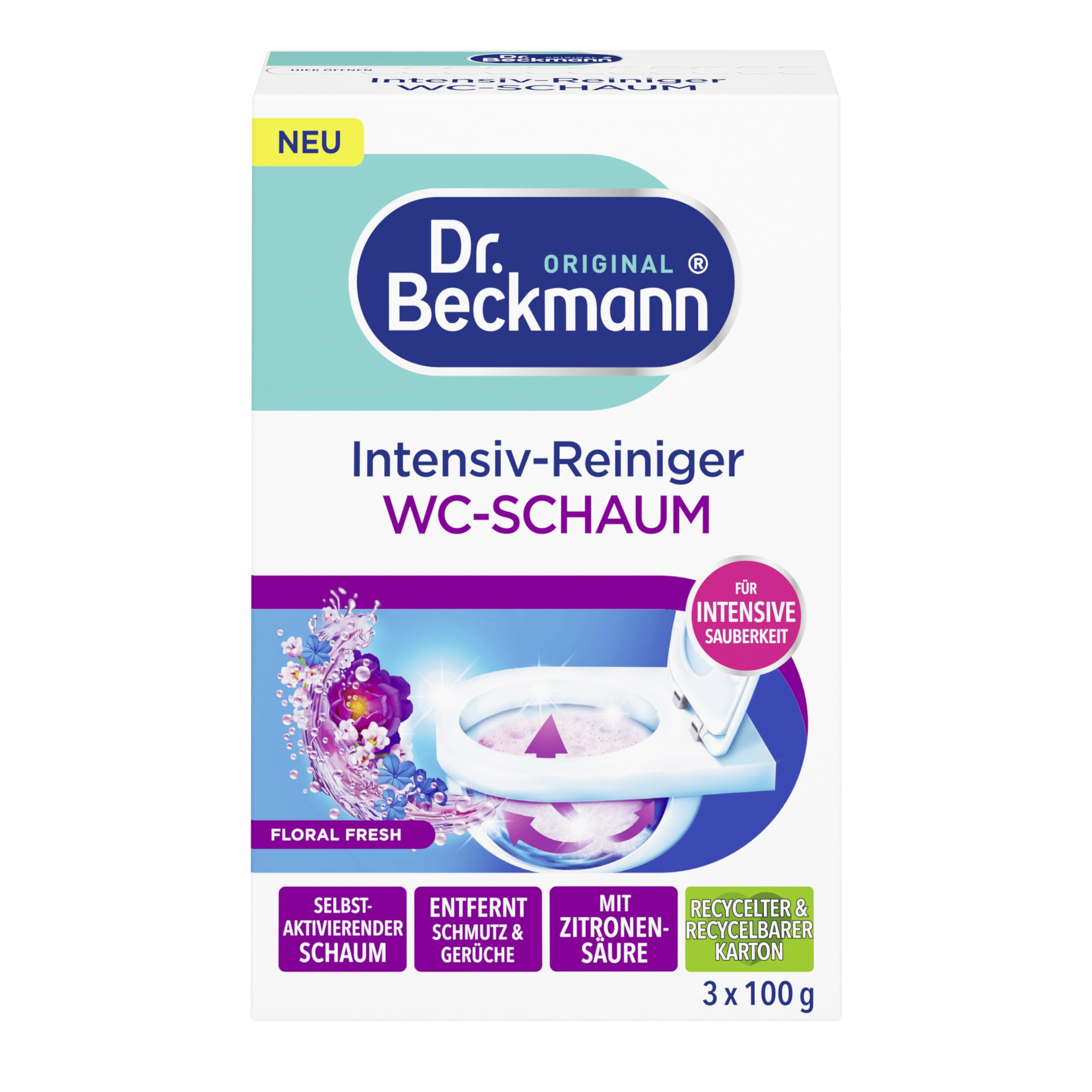 Dr. Beckmann Intensiv - Reiniger Wc-Schaum | Selbstaktivierender Schaum 3x 100 g | Floral Fresh
