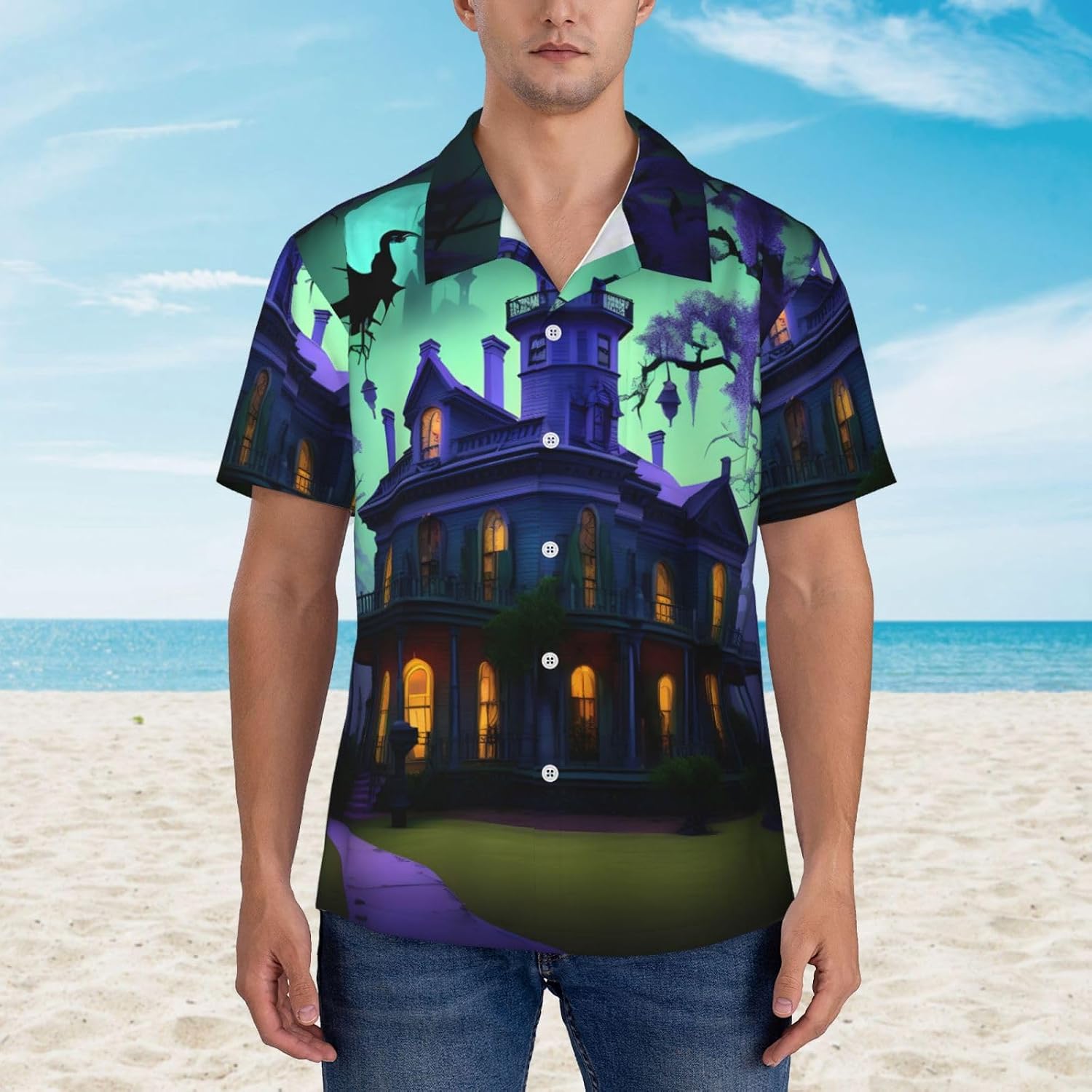 Black Haunted Mansions Mens Hawaiian Shirts Short Sleeve Button Down Tropical Shirt Summer Holiday Beach Aloha Hawaii Shirt