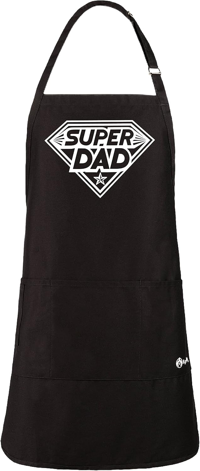 ApronMen, Super Dad - Funny Apron For Men - Adjustable Straps - One Size Fits All Grilling Apron With Pockets - Professionally Printed Gift For Dad - Cotton Kitchen BBQ Chef Apron