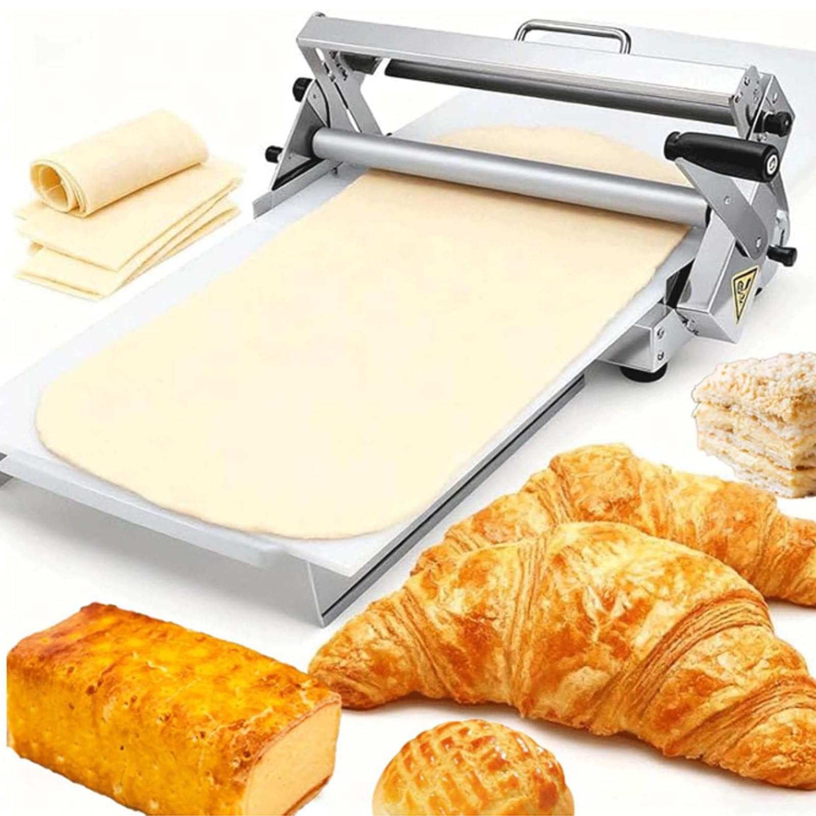 Sfogliatrice manuale, in acciaio inox, spessore regolabile, design pieghevole per uso domestico e commerciale