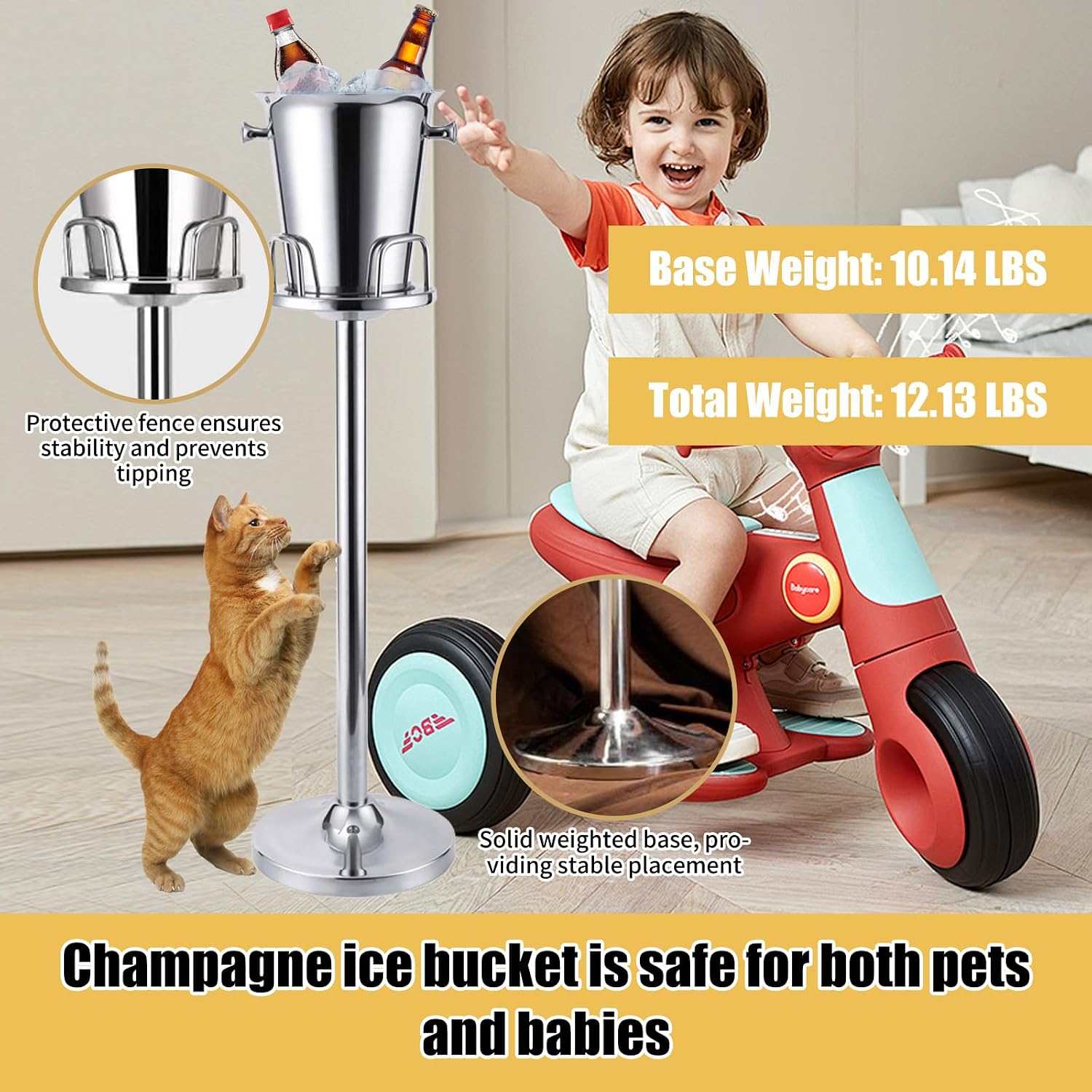 Silver Ice Bucket with Stand, large Champagne Ice Bucket 1.32 gal, Stainless Steel Ice Bucket, 3Ft Tall Ice Bucket for Cocktail Bar Parties