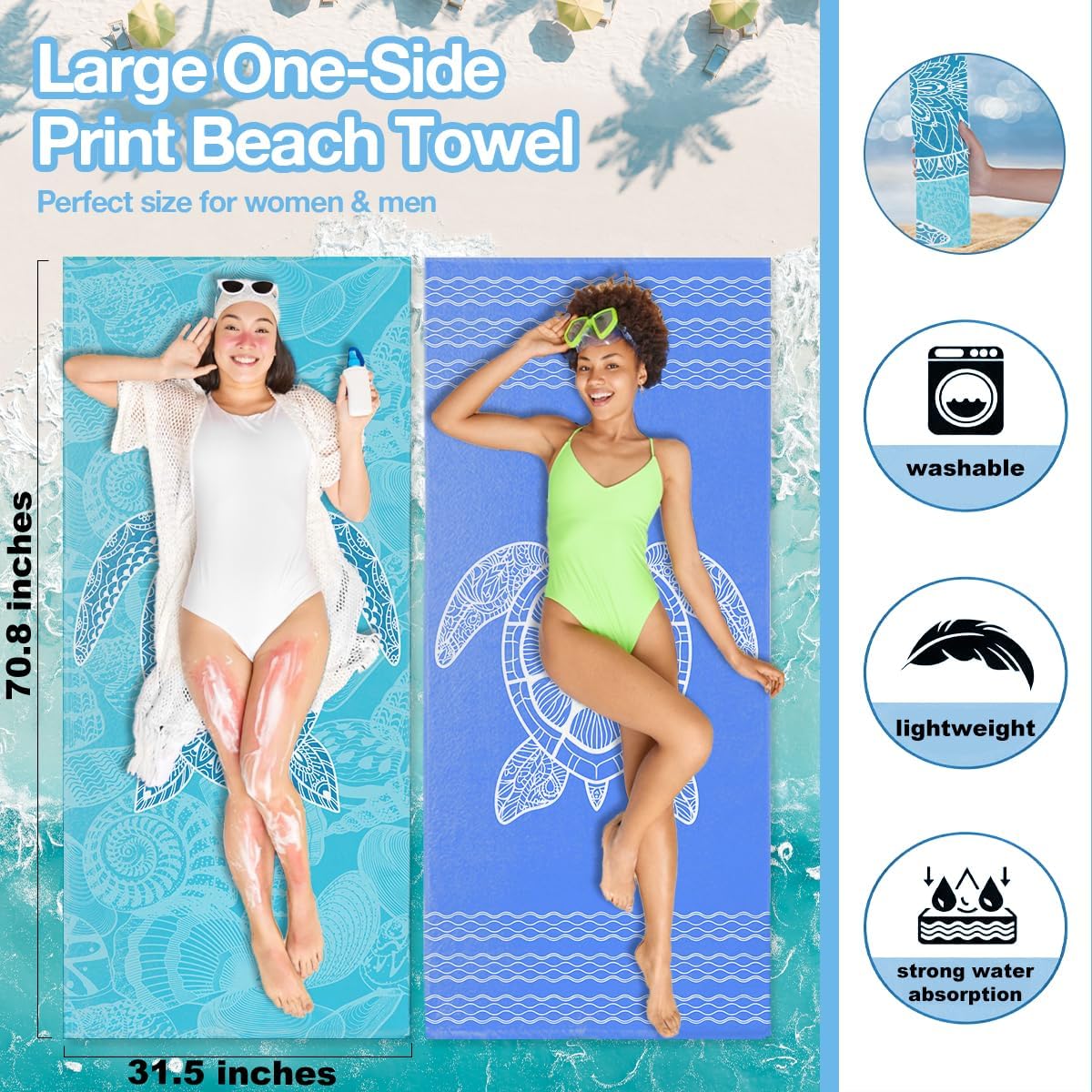 2 Pack Ocean Sea Turtle Beach Towel Microfiber Soft Thin Lightweight Quick Dry Oversized Swim Towels Beach Accessories Cruise Vacation Necessities for Bath Pool Camping Travel 32x71 inch