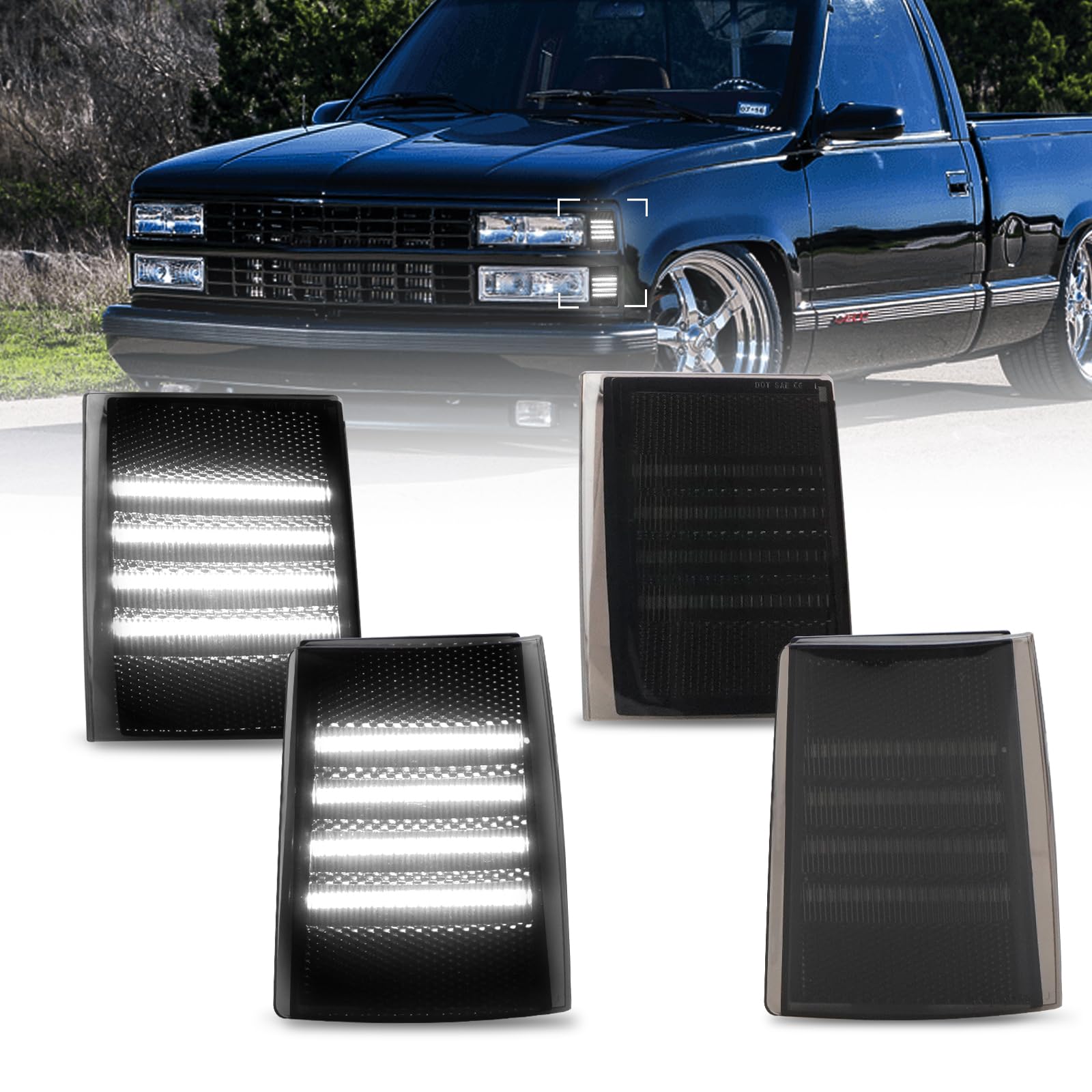 BestviewFront Corner Light Assembly Compatible with 1988-1993 Chevy C/K 1500 2500 3500 C10 Silverado Suburban Tahoe, Smoked Lens White LED 4Pcs