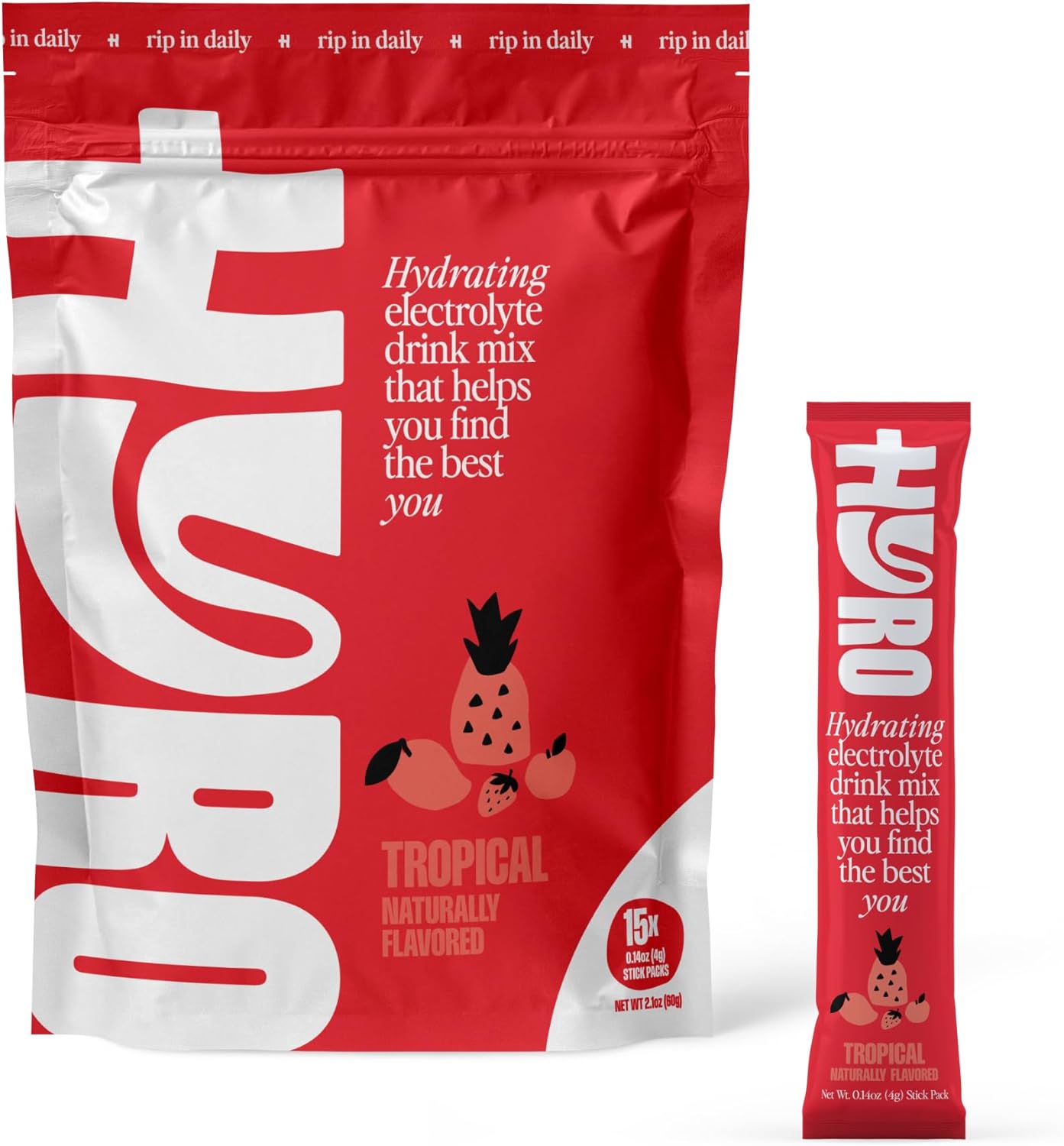 HYRO Electrolyte Powder Drink Mix, Sugar Free Daily Hydration Packets with Magnesium, Potassium & Vitamin C, Hydrating Electrolytes and Minerals, Keto and Vegan, Tropical Flavor, 15 Count