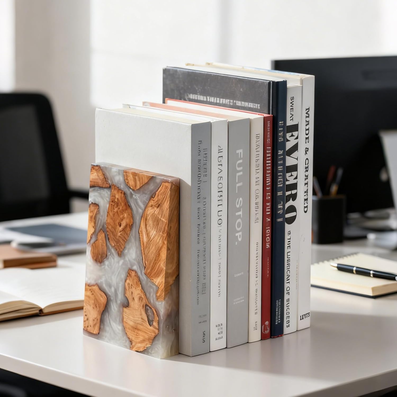 Resin Bookends Large Heavy Duty Bookends for Shelves, Unique Burl Wood Figure Book Ends for Study Office, Fancy Modern Decorative Book Supports for Bookshelf Organization (Pearlescent White)