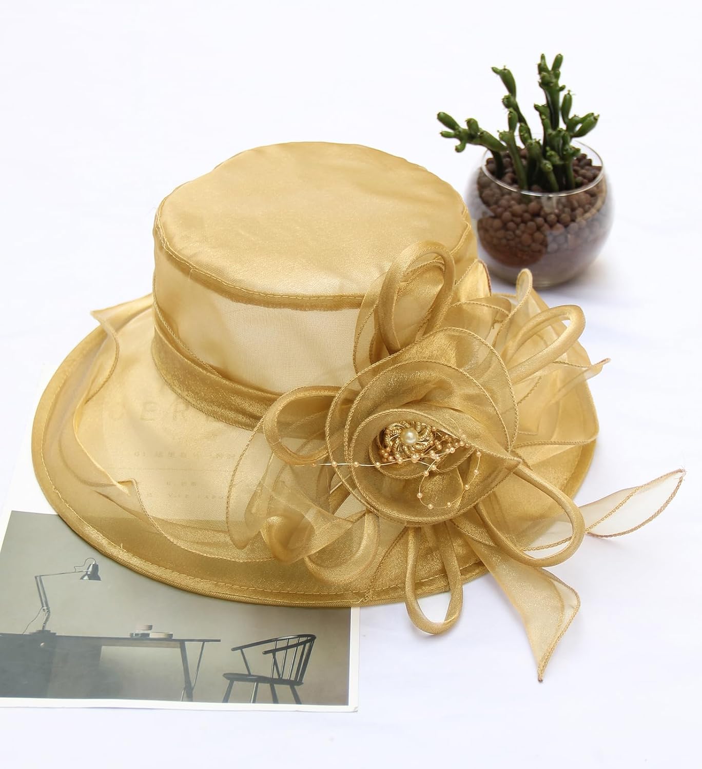 Women's Kentucky Derby Church Dress Hat Wide Brim Leaf Flower Bridal Shower Hat - Image 5