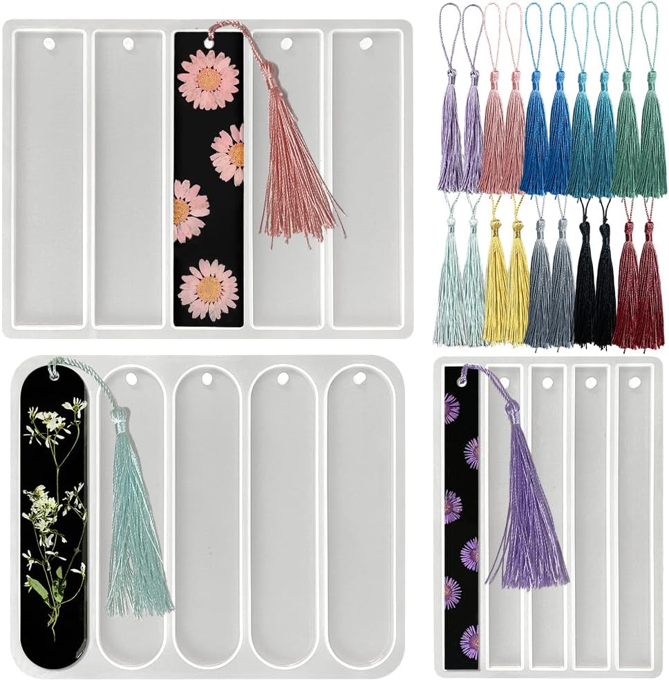 ResinWorld Set of 3 Shiny Bookmark Molds, Silicone with Tassels, Small Medium Rectangle