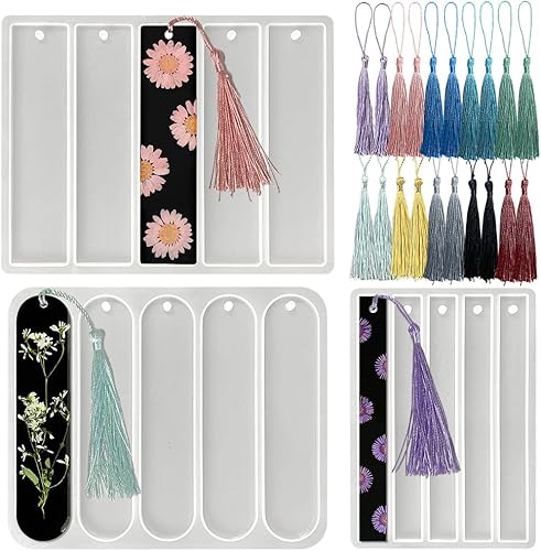 RESINWORLD Juego de 3 marcadores brillantes de silicona, molde de resina para marcapáginas con borlas, molde rectangular pequeño y mediano