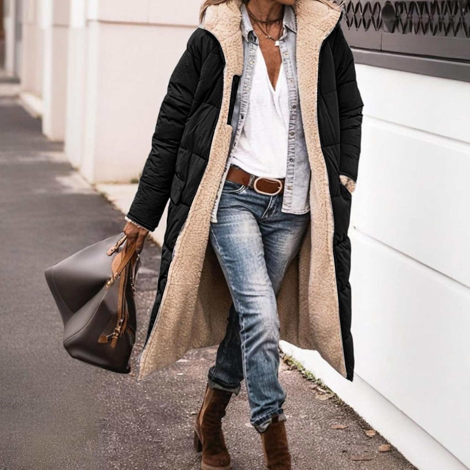 Long Coat Women Winter Sherpa Fleece Warm Oversized Puffer Jacket Down Parkas Reversible Shearling Outerwear With Hood