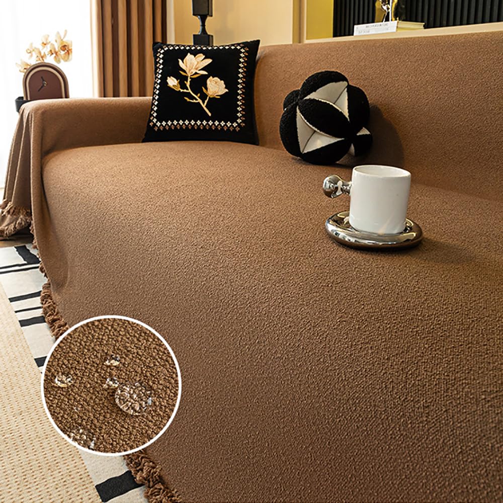 JIcloun Waterproof Throws for Sofas Extra Large 1 2 3 4 Seater Brown Soft High Density Sofa Throw Blanket with Tassels, for Bed Settees Chair Slipcover Anti Scratch Couch Cover
