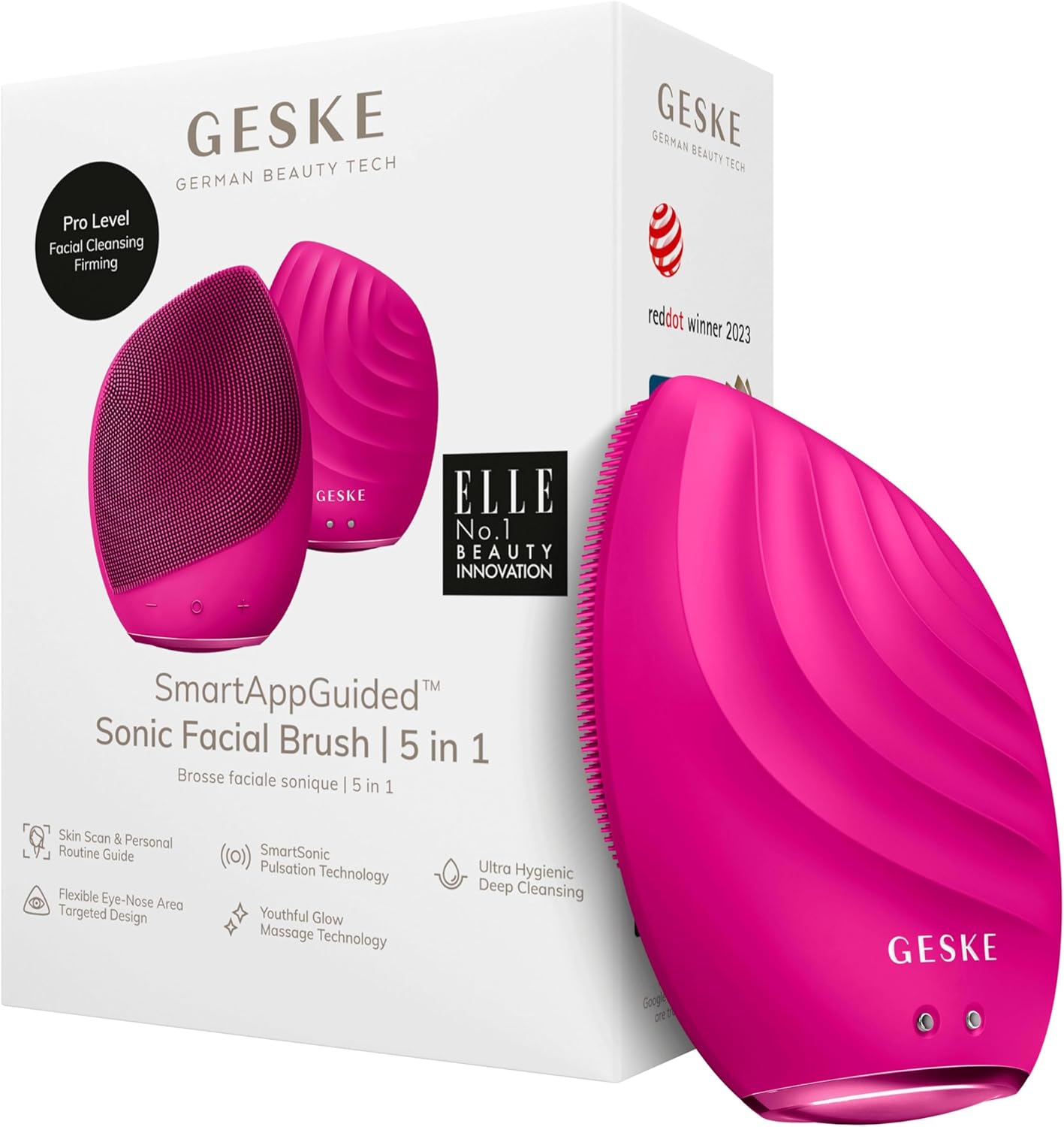 GESKE SmartAppGuided™ Sonic Facial Brush 5 in 1 | Vibrating Electric Facial Cleansing Brush | Soft Silicone Brush | Professional Facial Cleanser | Skin Cleanser & Exfoliator | Face Massager