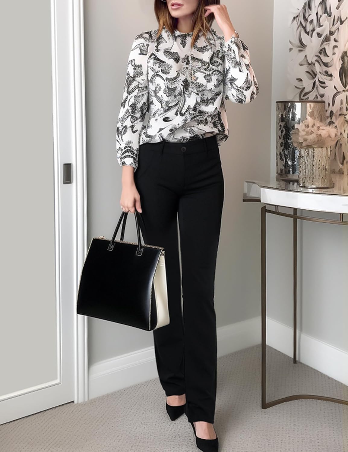 BANETTETA Women's High Waisted Stretch Dress Pants, Black Work Pants with Pockets, Tummy Control Slacks, Petite (6-18) - Image 2